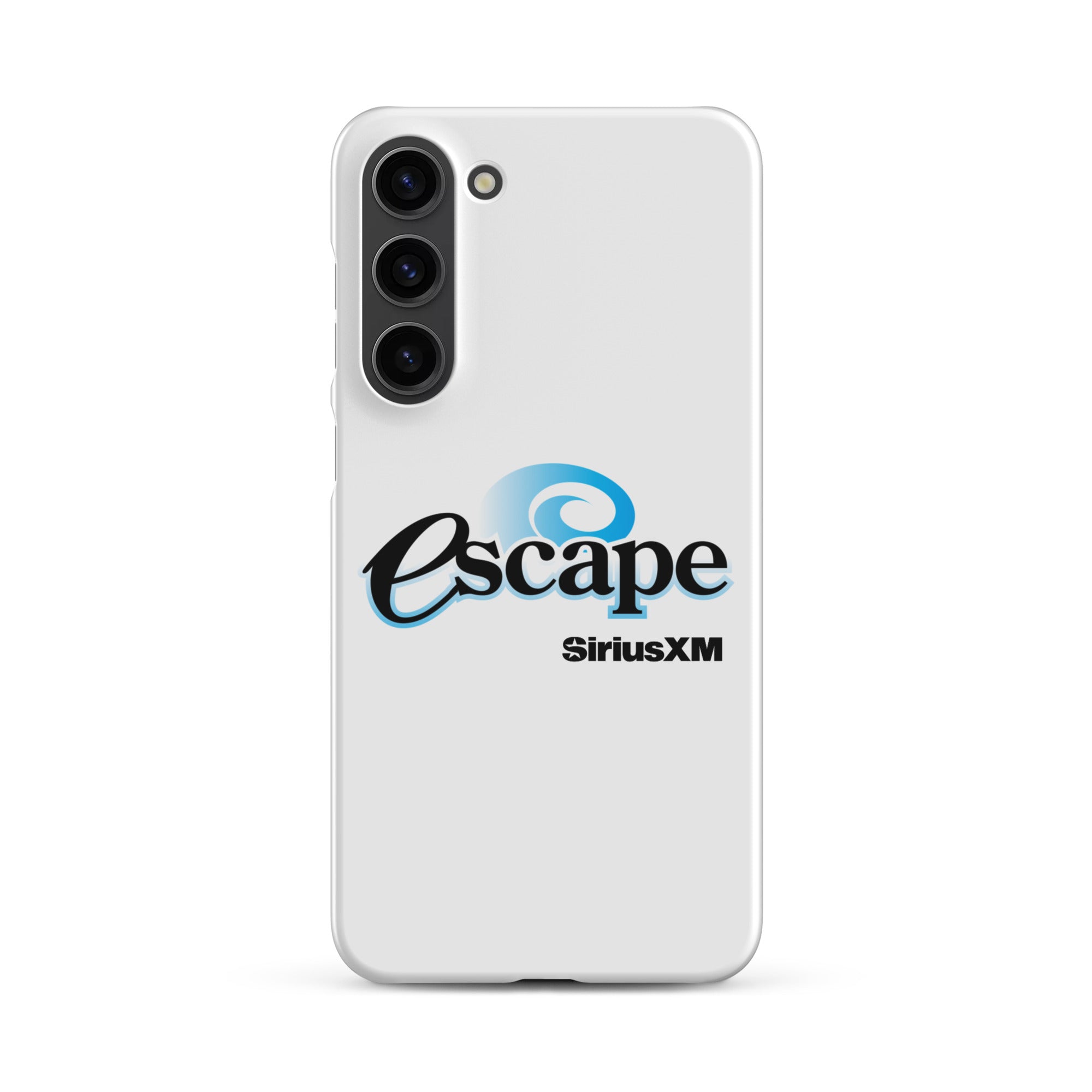 White phone case featuring the 'escape' logo and 'SiriusXM' branding.