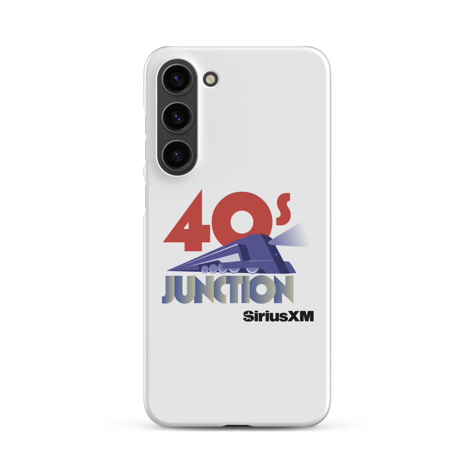 White phone case featuring a design with '40s Junction' and a train graphic, branded with 'SiriusXM.'