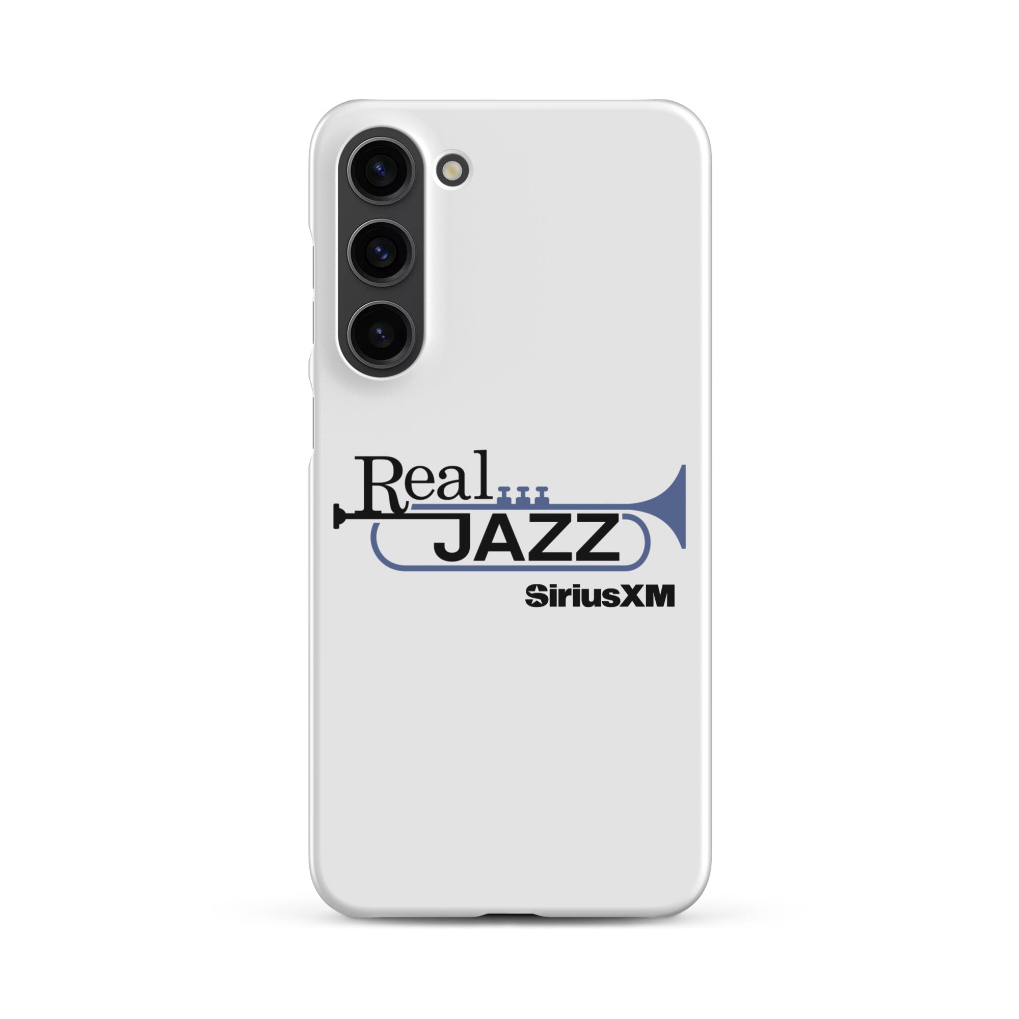 White phone case featuring 'Real Jazz' logo with trumpet and 'SiriusXM' text.