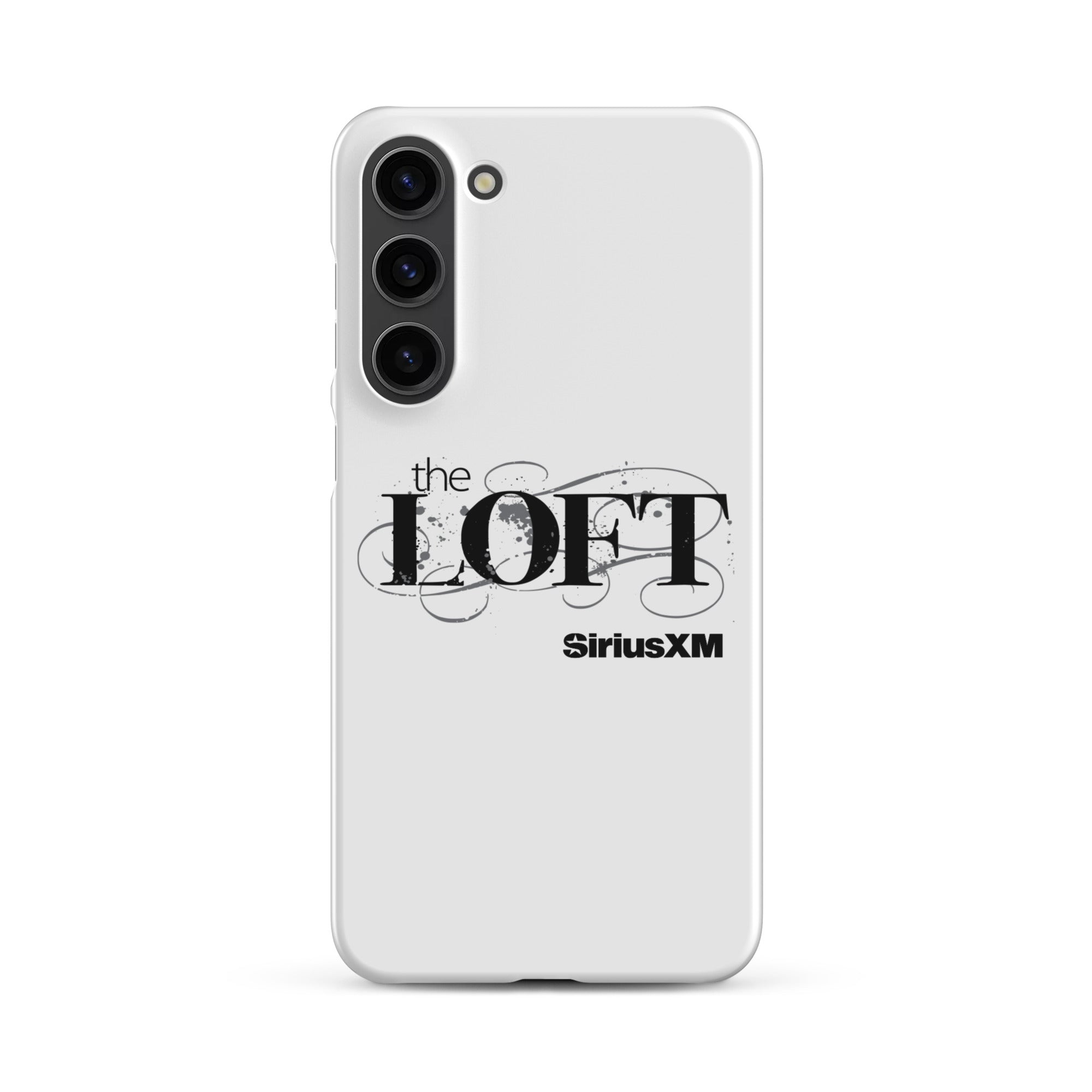 Phone case featuring 'the LOFT' and 'SiriusXM' logos on a white background.