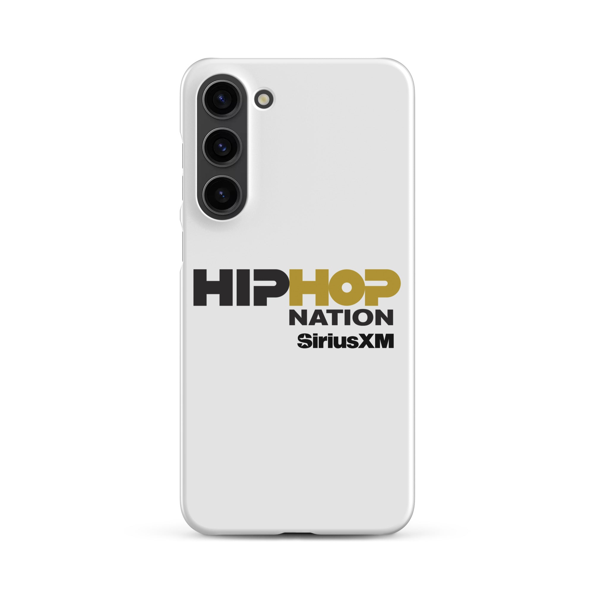 A white phone case featuring the text 'HIP HOP NATION' and 'SiriusXM' in black and gold.
