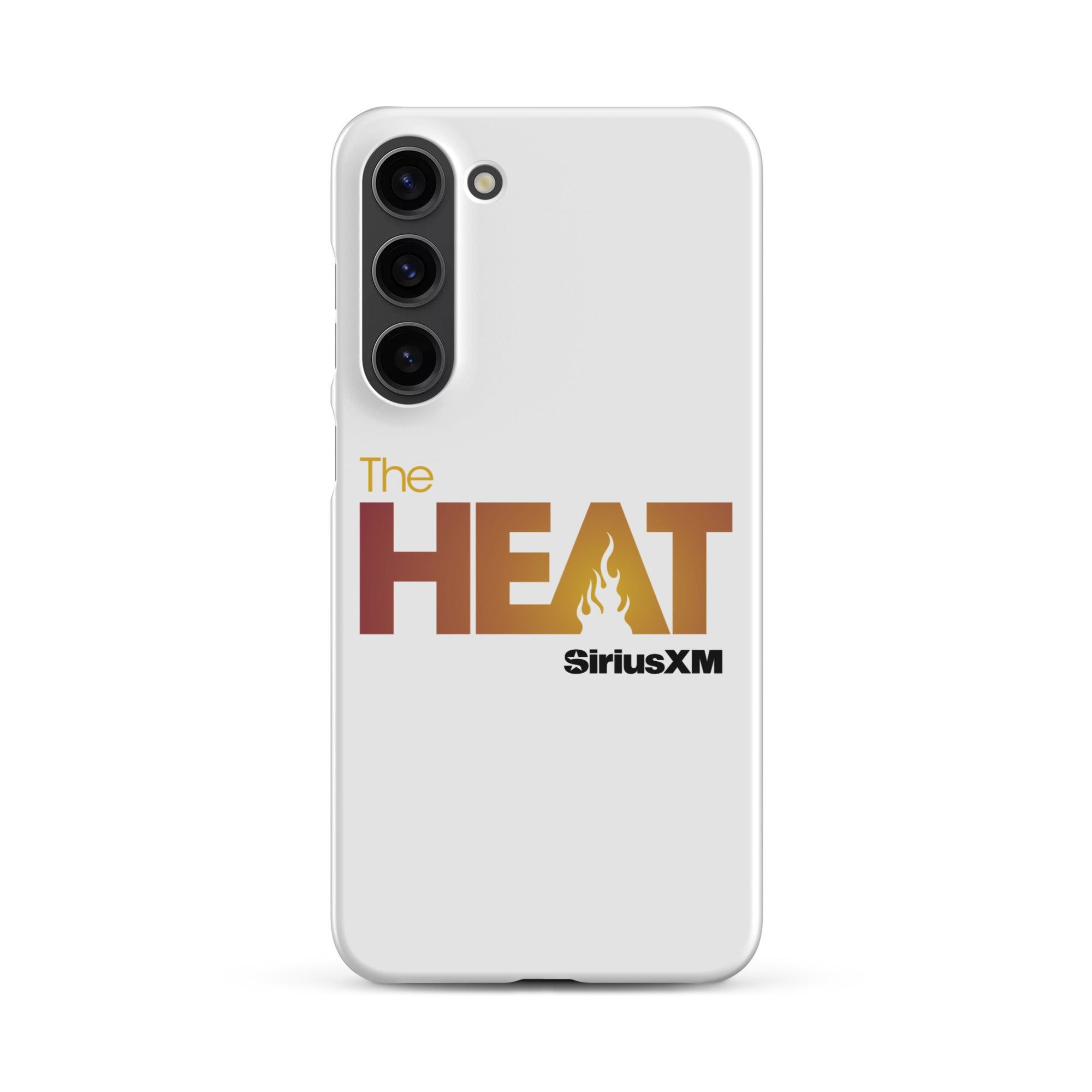 White phone case featuring 'The HEAT' logo with a flame design in orange and red hues and 'SiriusXM' branding.