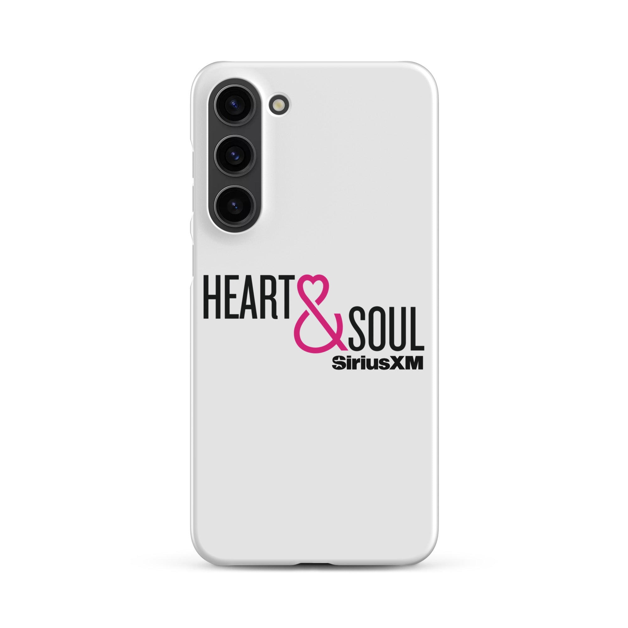 White phone case featuring 'HEART & SOUL' in black and pink text, with 'SiriusXM' logo.
