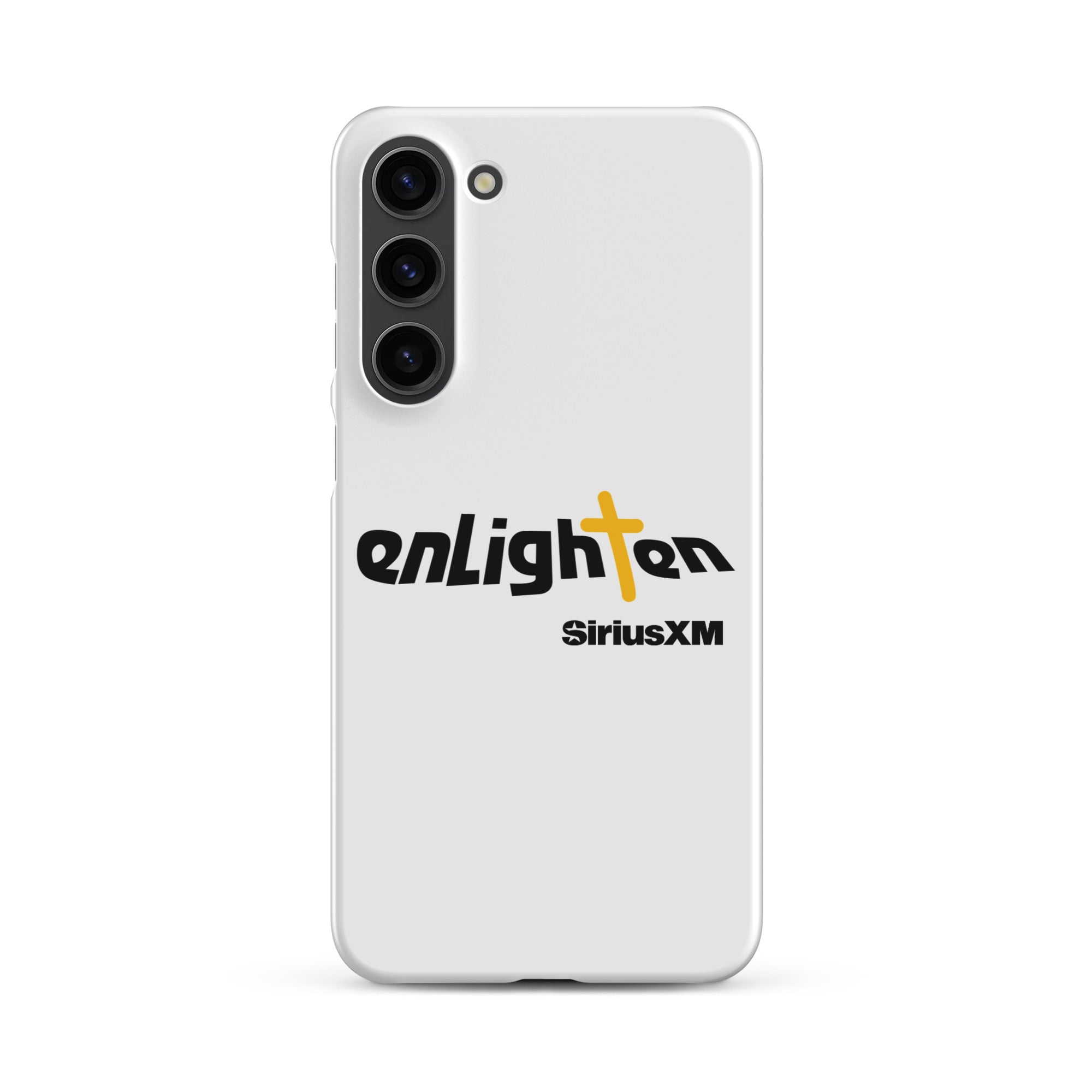 White smartphone case featuring 'enLighten' with black text and a yellow cross and 'SiriusXM' text.