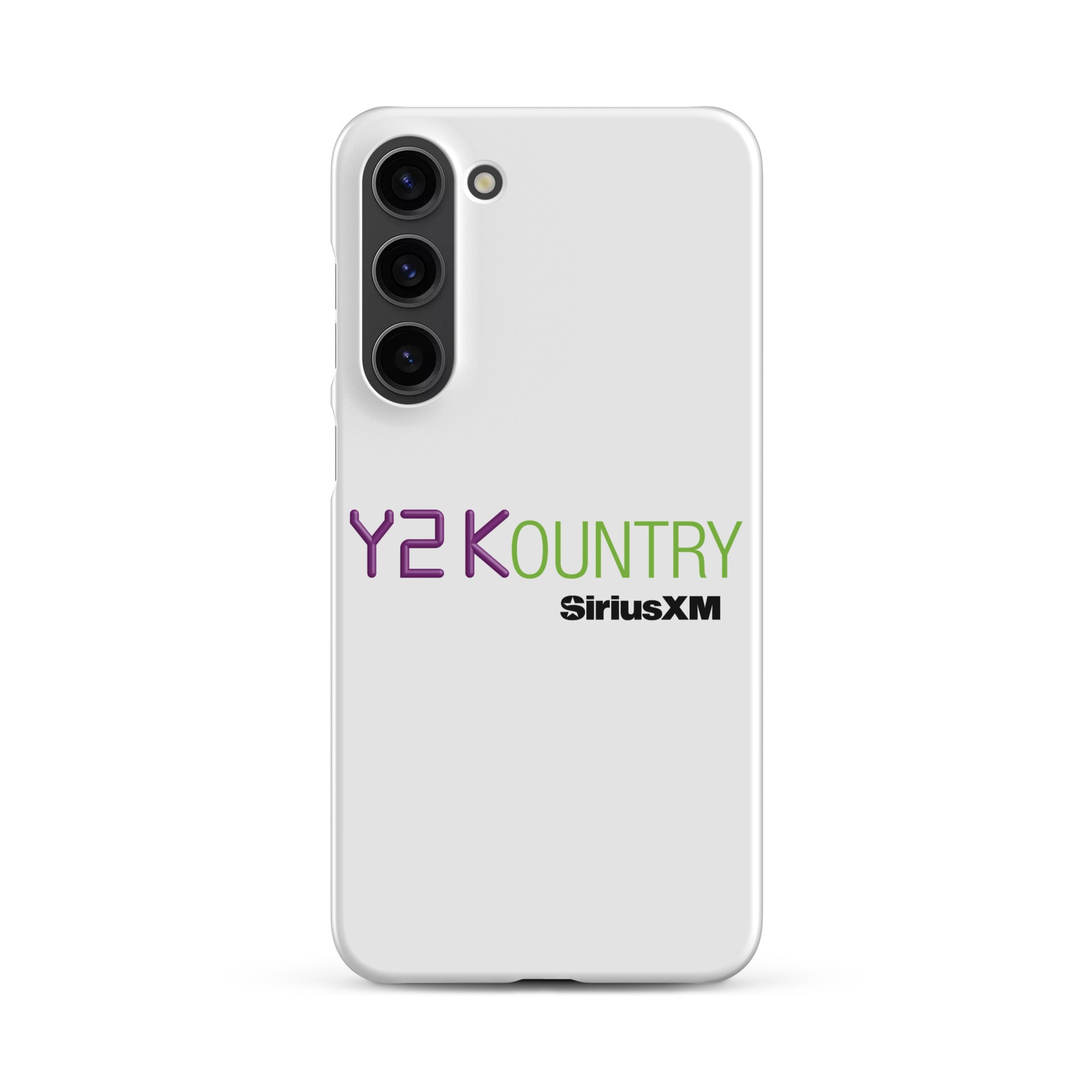 White phone case featuring 'Y2KOUNTRY' and 'SiriusXM' logos in purple and green.