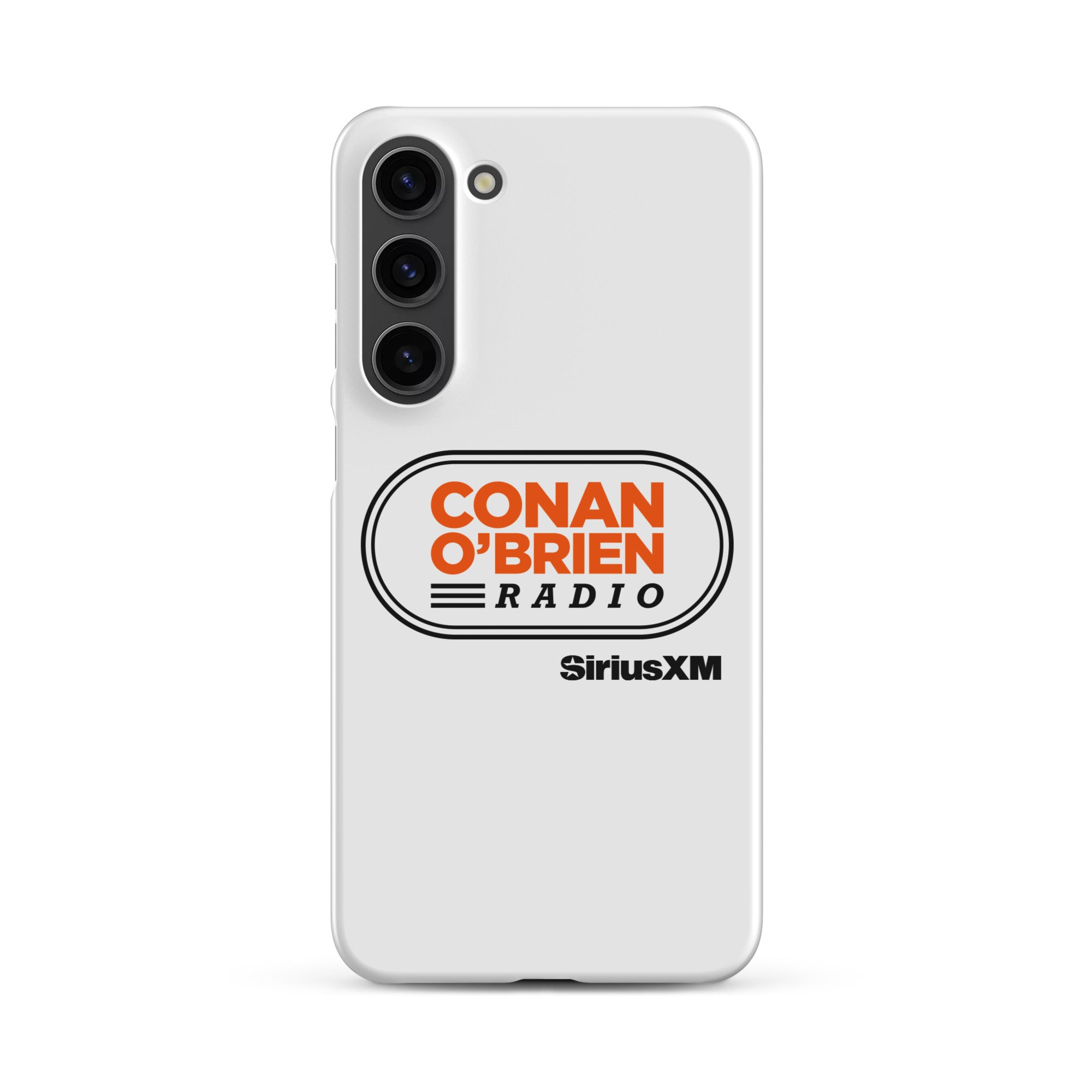 White phone case featuring 'CONAN O'BRIEN RADIO' and 'SiriusXM' logos.