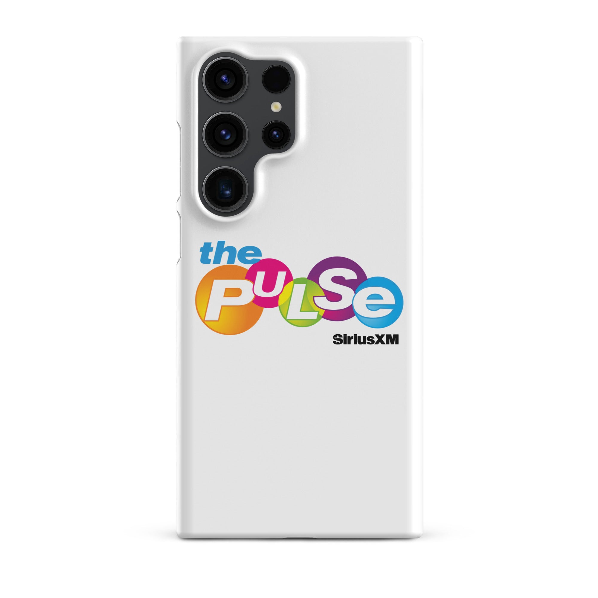 A white phone case featuring the colorful logo 'the PULSe SiriusXM.'
