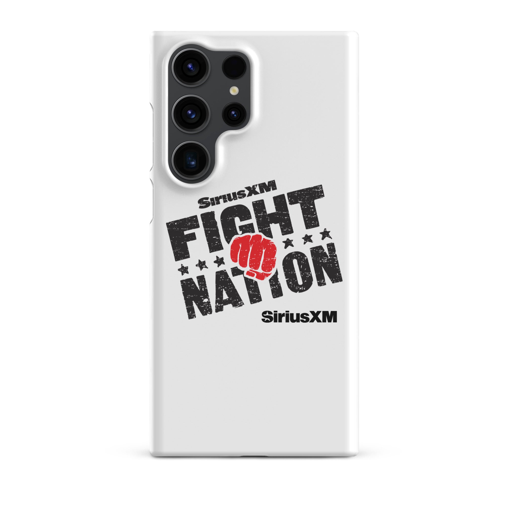 White phone case with 'SiriusXM FIGHT NATION' logo and a red fist graphic.