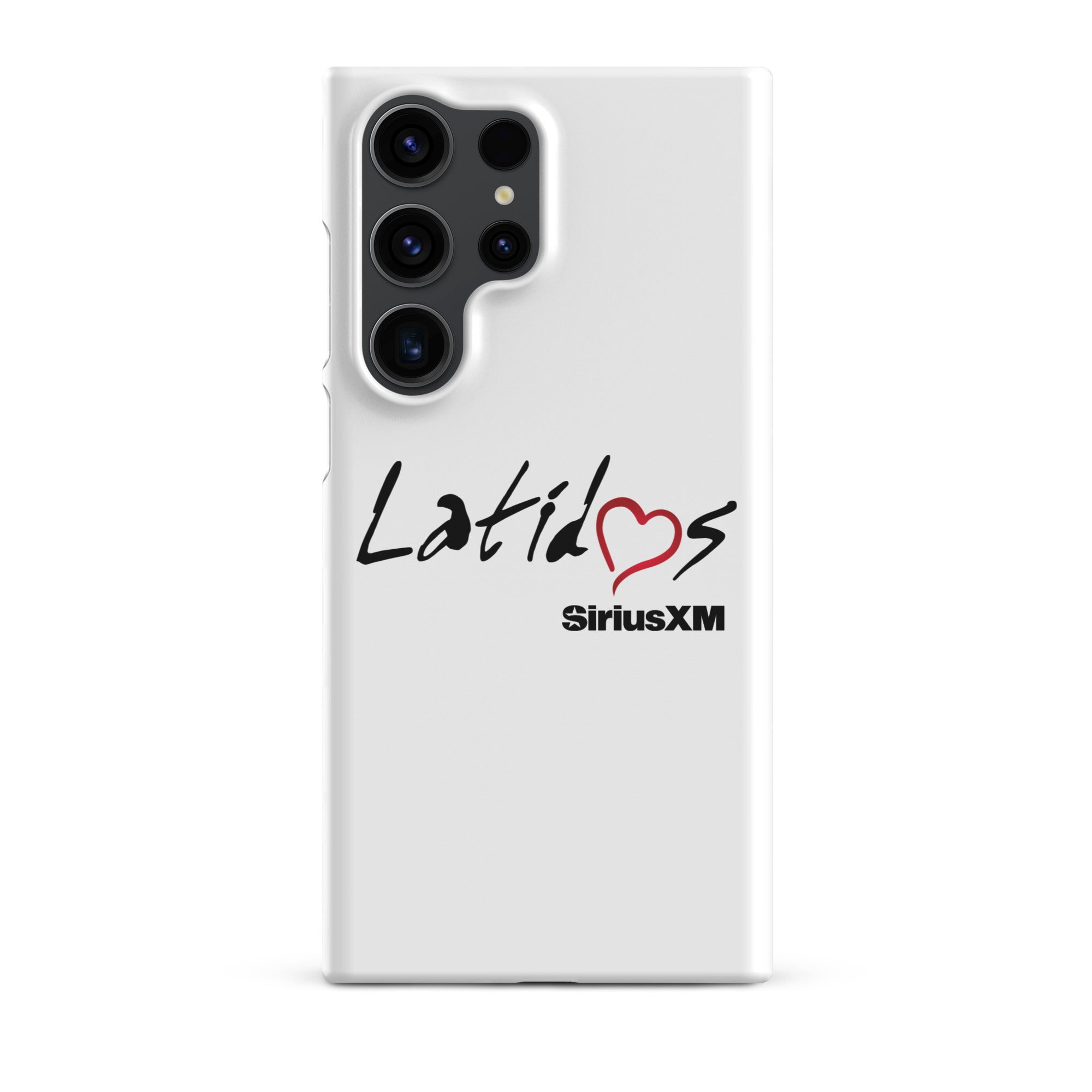 White phone case featuring 'Latidos' with a heart and 'SiriusXM' logo.