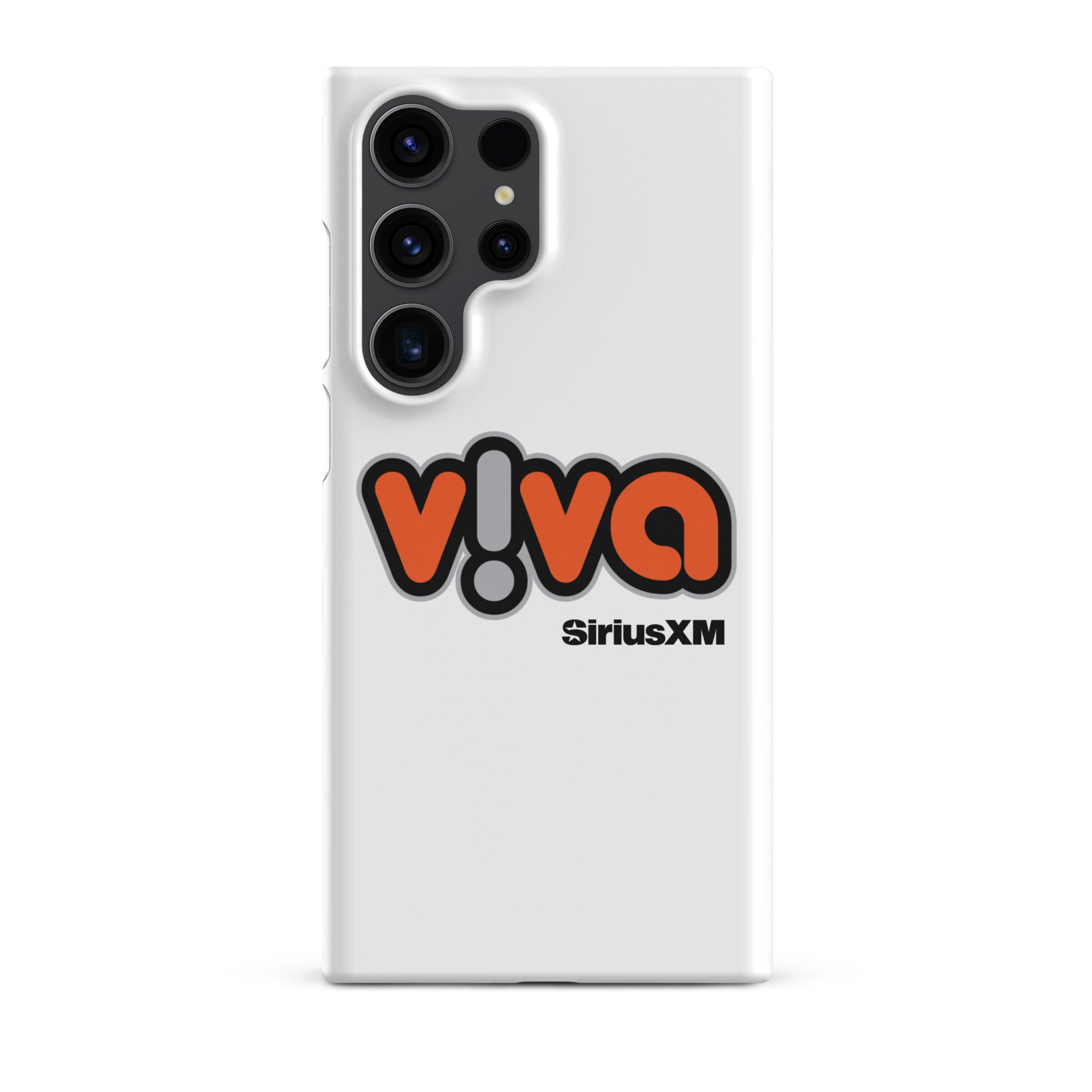 White phone case with 'viva' logo in orange and black, featuring 'SiriusXM' branding.