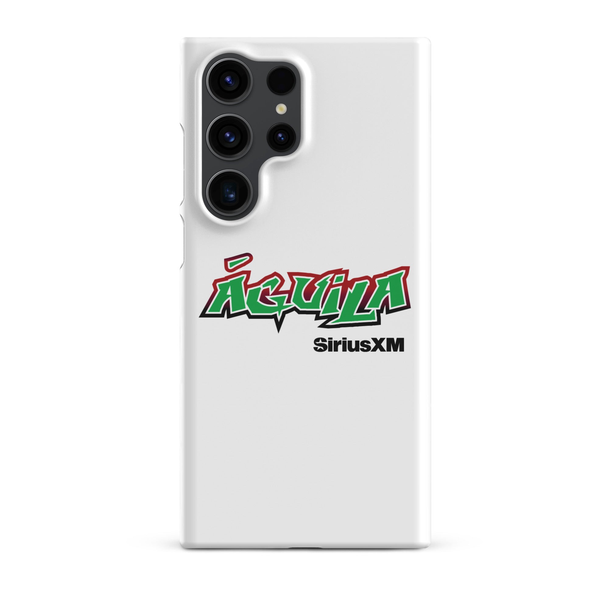 White smartphone case featuring 'Águila' in green and red text with 'SiriusXM' below.