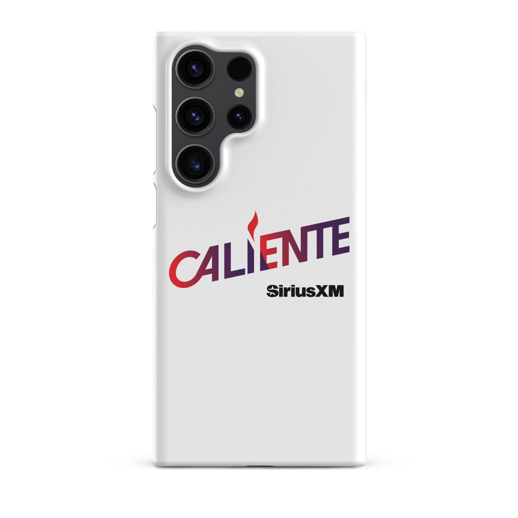 A white phone case with the word 'CALIENTE' in red and purple, and the 'SiriusXM' logo underneath.