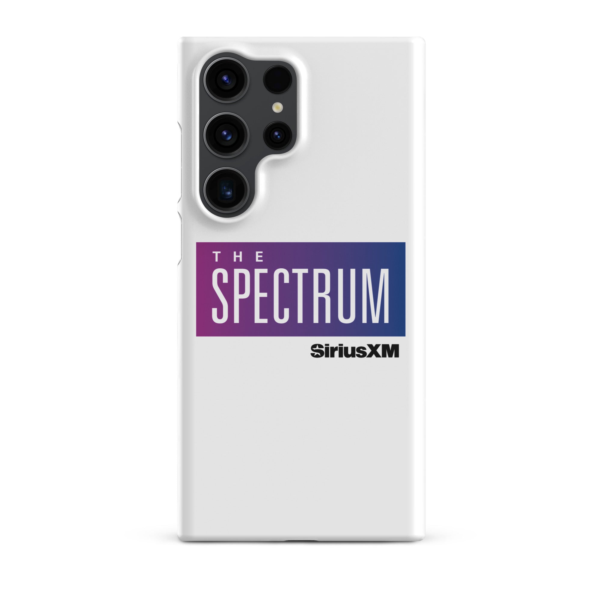 White phone case featuring 'THE SPECTRUM' logo and 'SiriusXM' text in blue and purple.