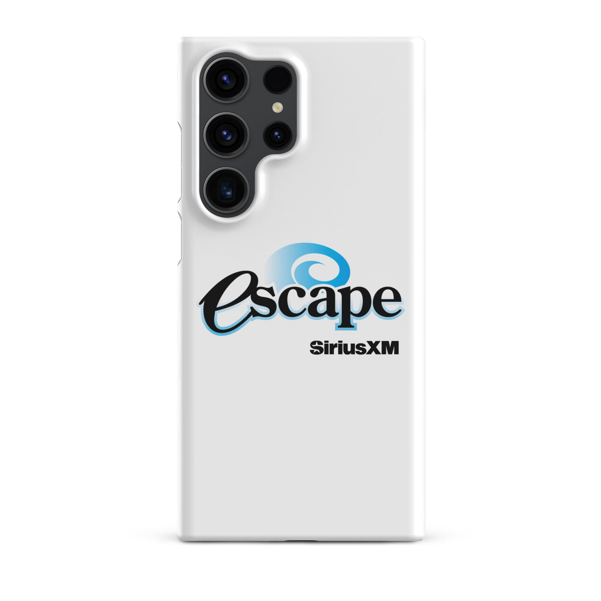 White phone case featuring the 'escape' logo and 'SiriusXM' branding.