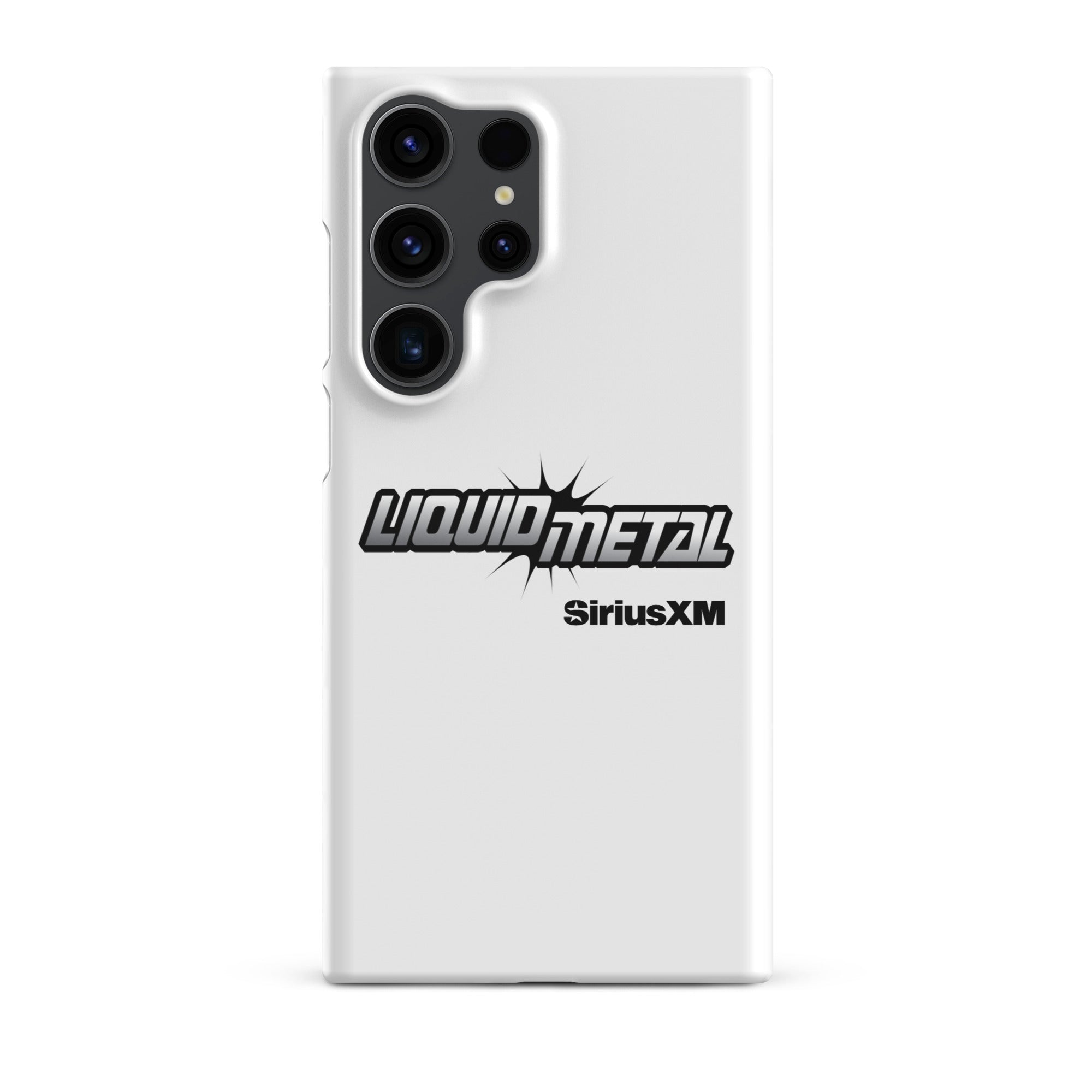 White phone case featuring 'LIQUID METAL' logo and 'SiriusXM' branding.