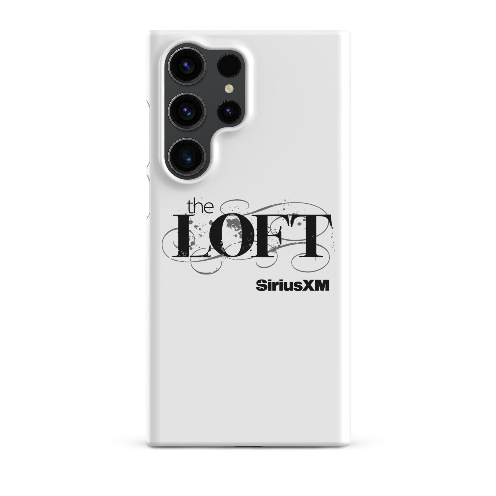 Phone case featuring 'the LOFT' and 'SiriusXM' logos on a white background.