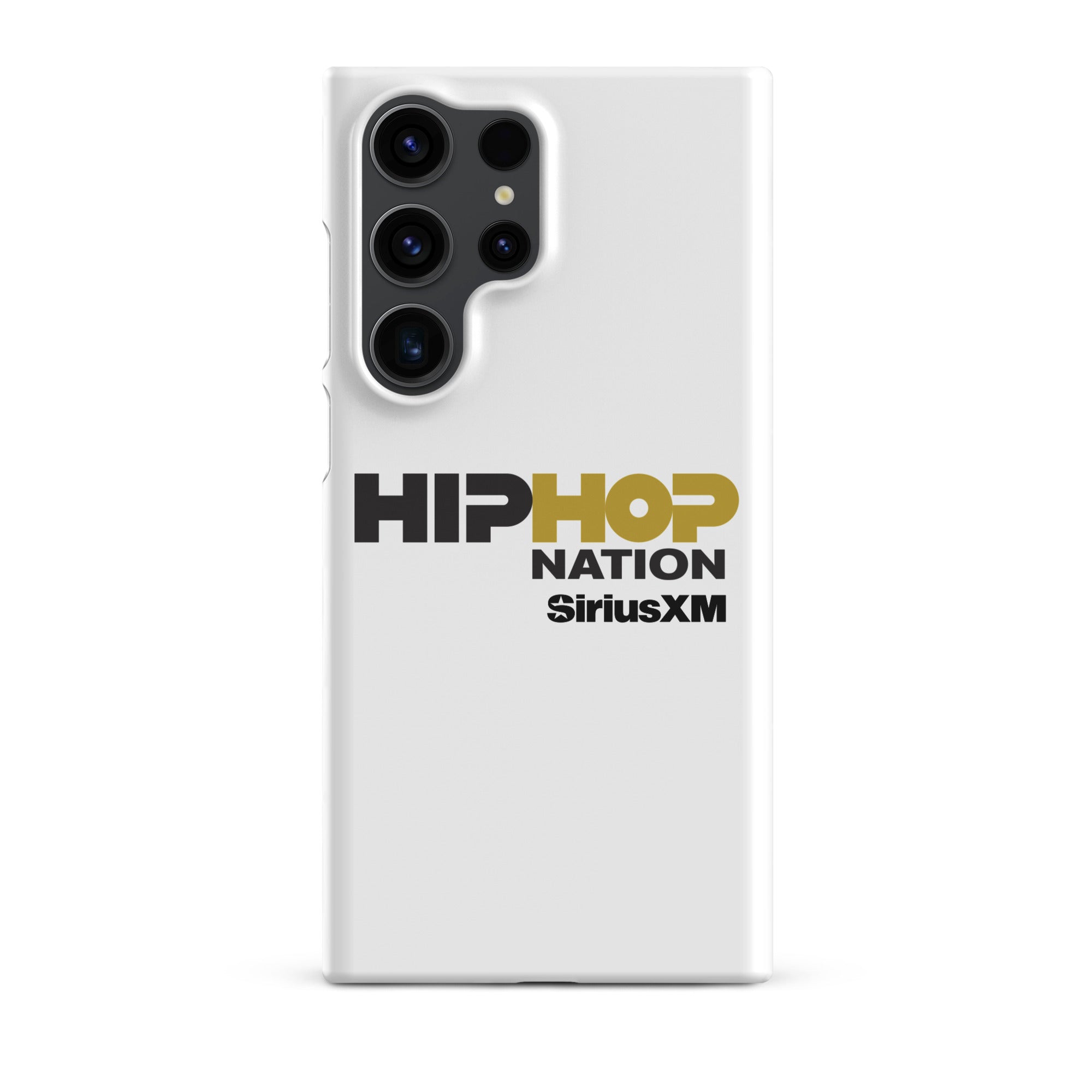 A white phone case featuring the text 'HIP HOP NATION' and 'SiriusXM' in black and gold.