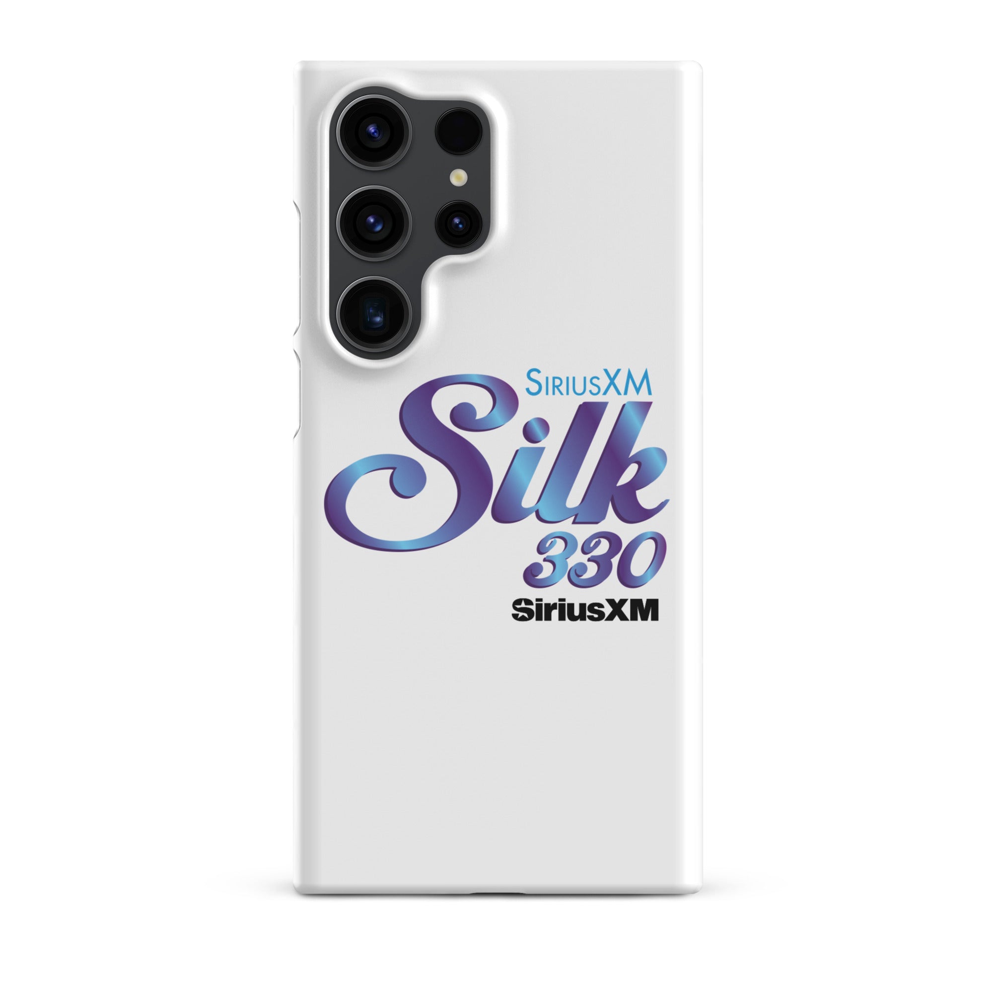 White phone case featuring 'SiriusXM Silk 330' logo in purple and 'SiriusXM' branding in black text.
