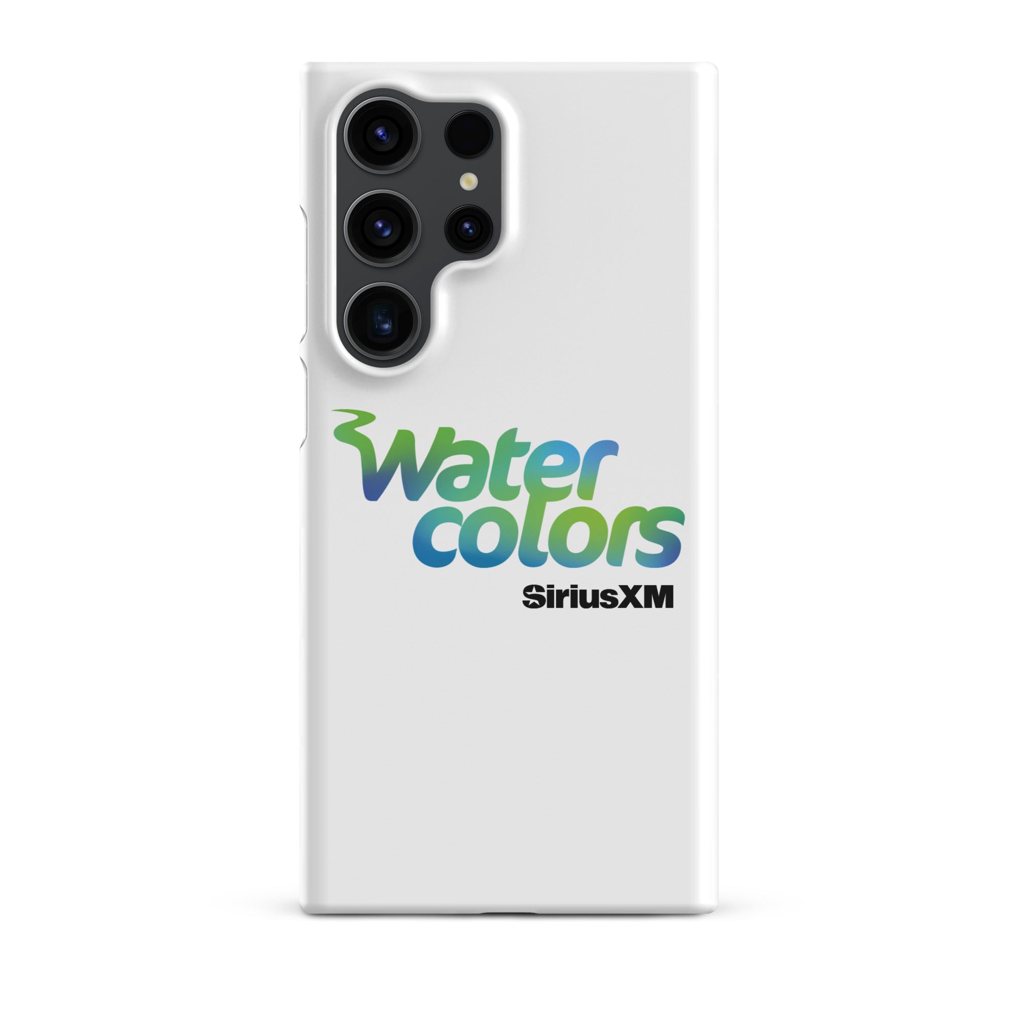 White smartphone case with 'Water colors' logo in blue and green, and 'SiriusXM' in black.