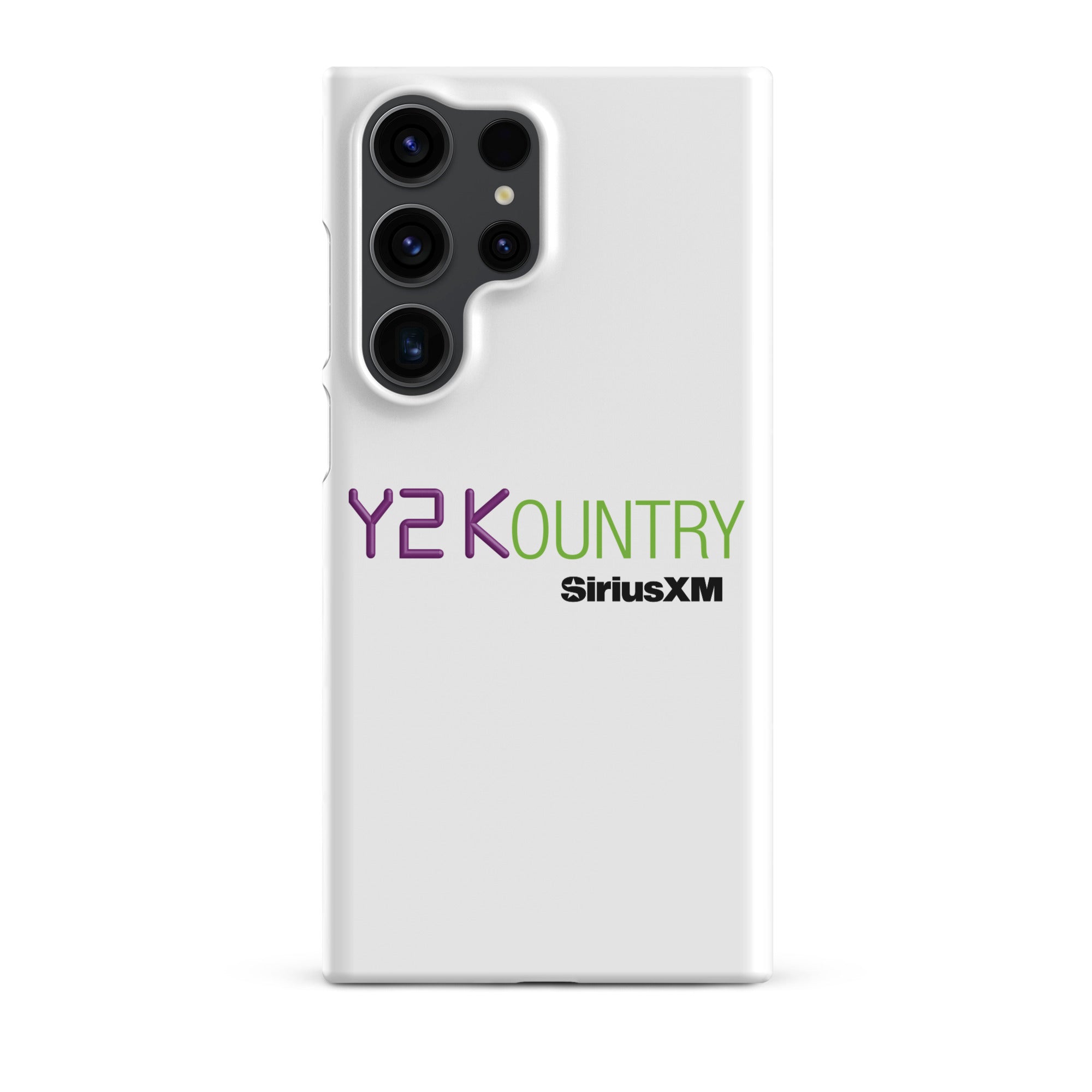 White phone case featuring 'Y2KOUNTRY' and 'SiriusXM' logos in purple and green.