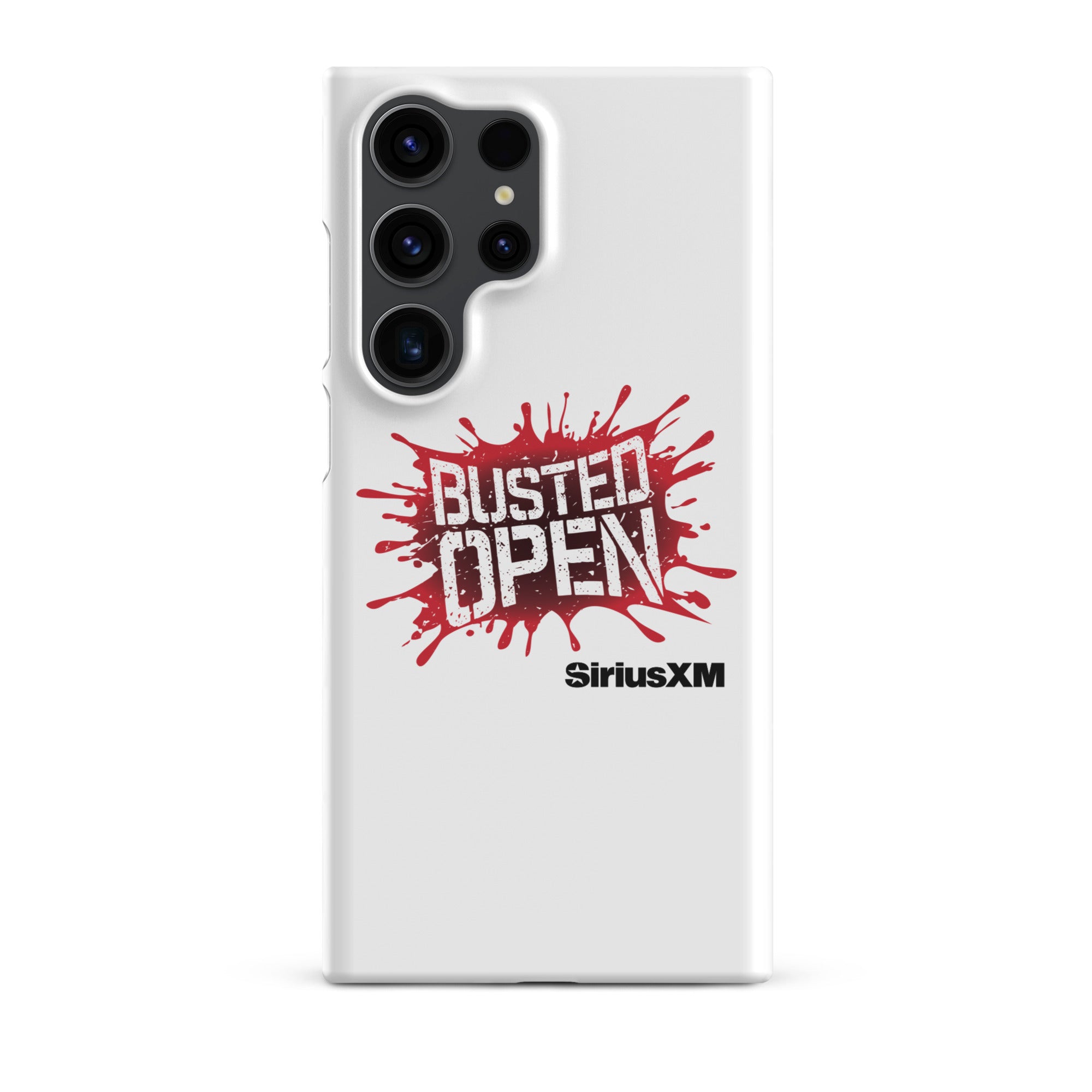 White phone case featuring the 'Busted Open' logo with a red splatter design and 'SiriusXM' branding.