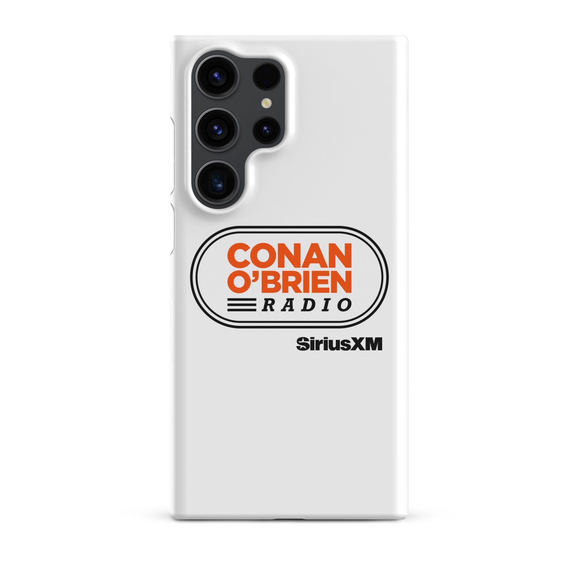 White phone case featuring 'CONAN O'BRIEN RADIO' and 'SiriusXM' logos.