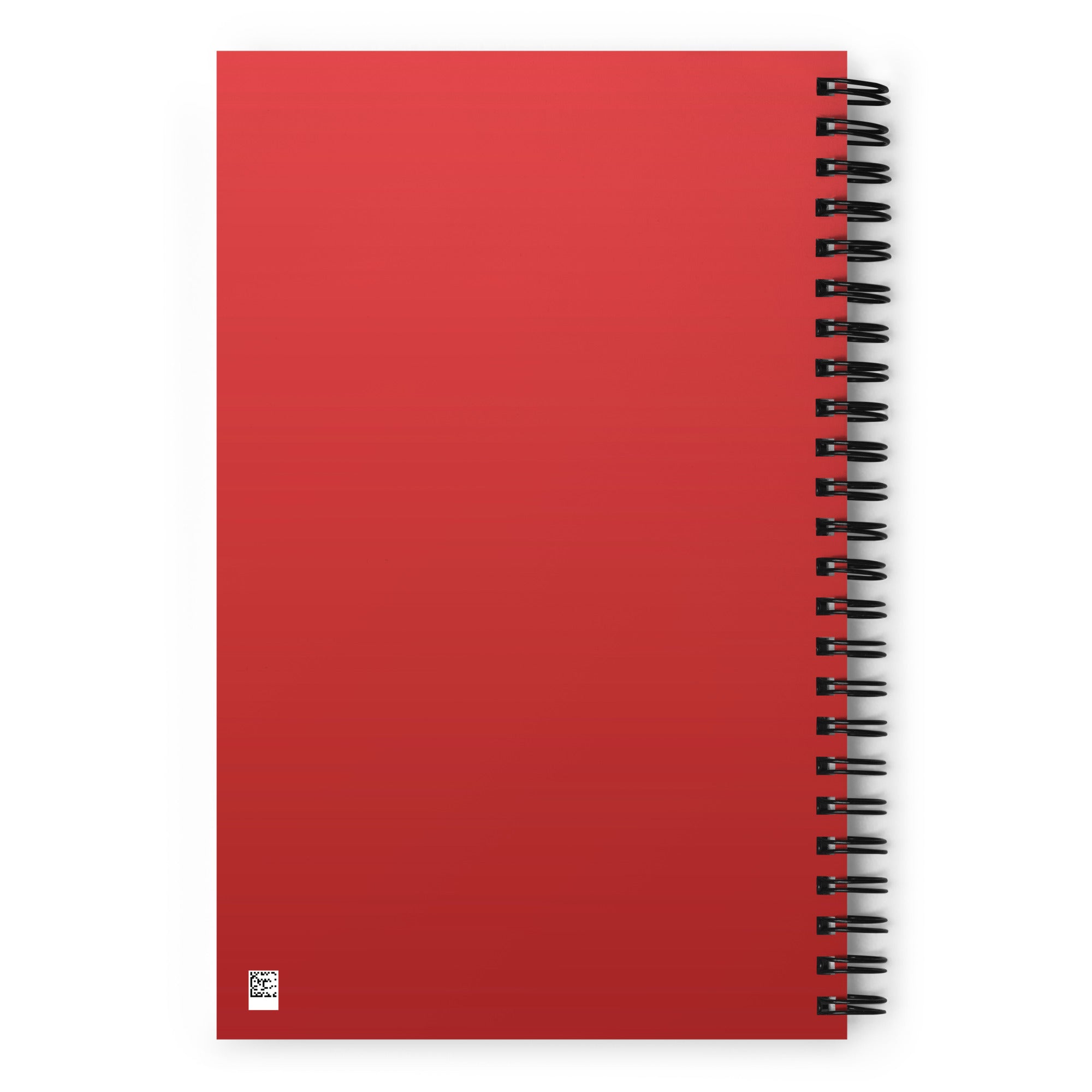 The back cover of a red spiral notebook shown flat on a white background.