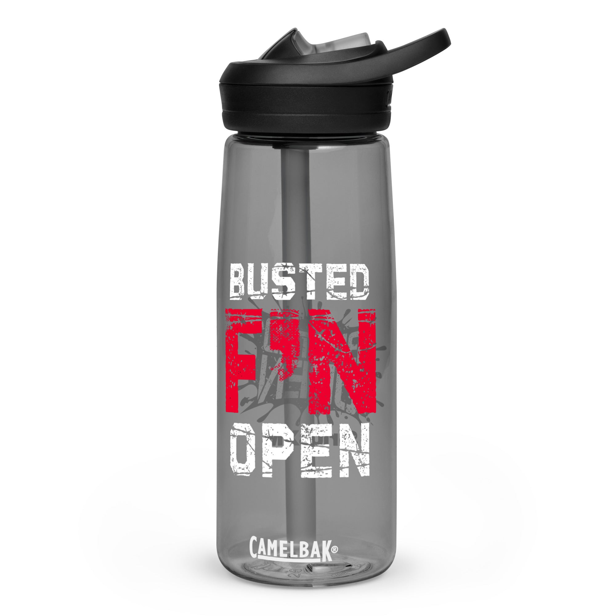 Plastic water bottle with the text 'BUSTED F'N OPEN' in bold red and white lettering. Black cap and straw included.