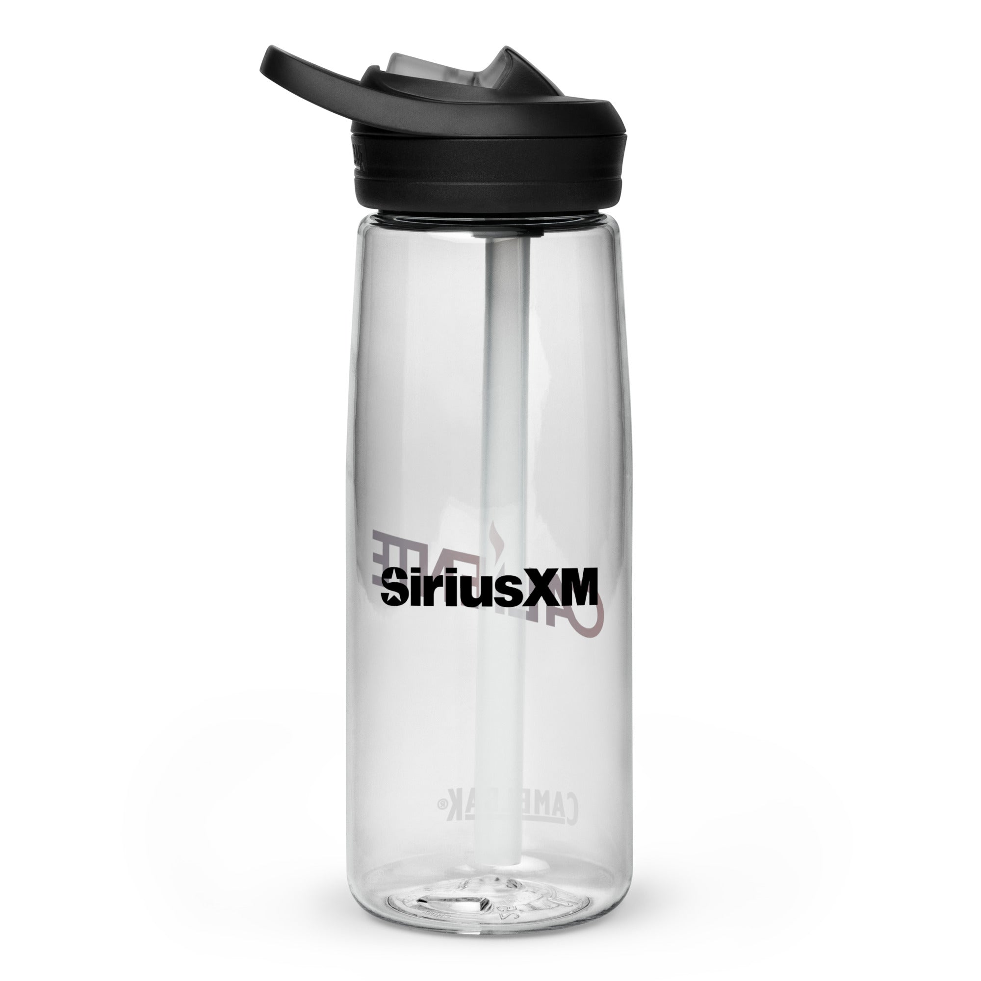 Back side of clear water bottle with 'SiriusXM' logo in black text.