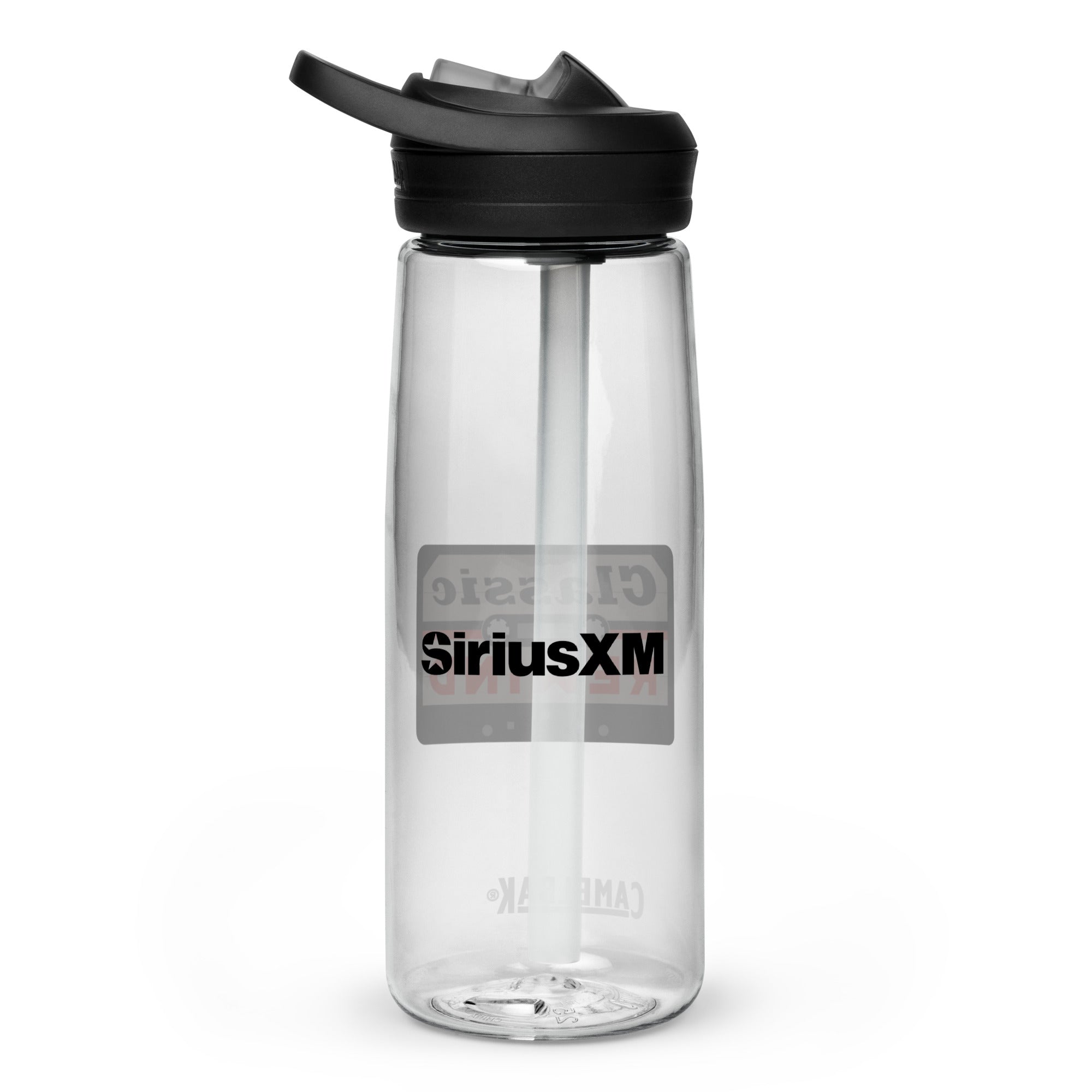 Back side of clear water bottle with 'SiriusXM' logo in black text.