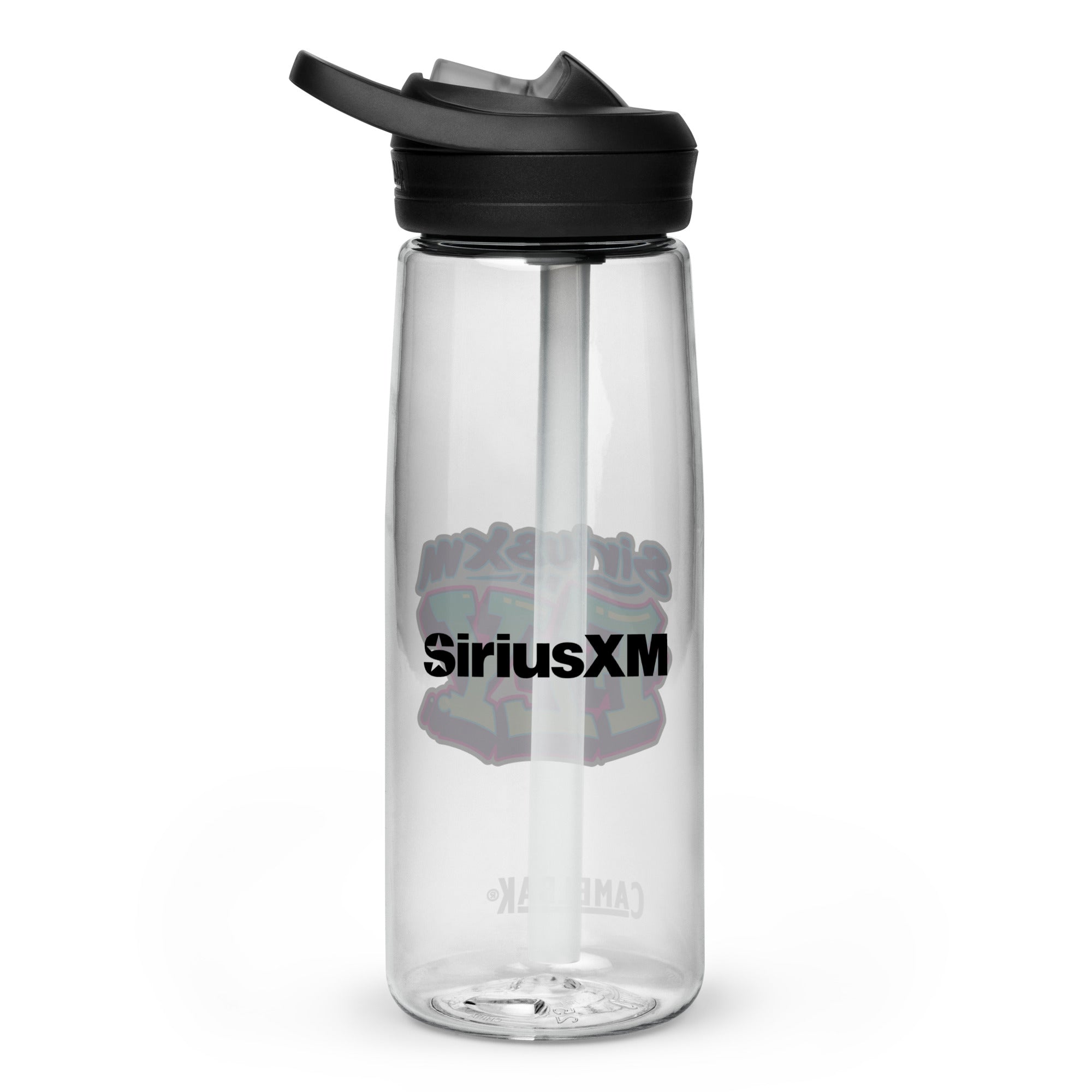Back side of clear water bottle with 'SiriusXM' logo in black text.