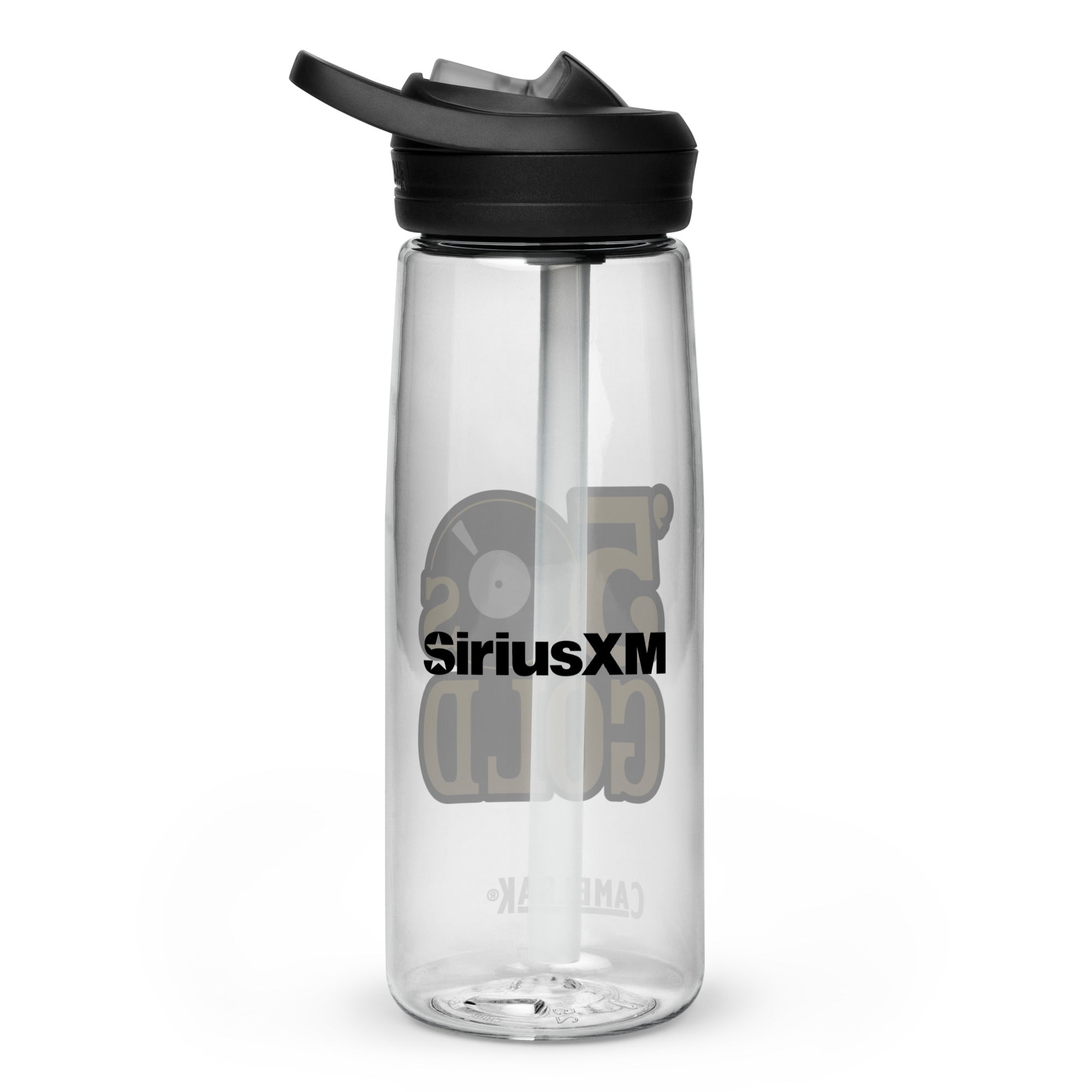 Back side of clear water bottle with 'SiriusXM' logo in black text.