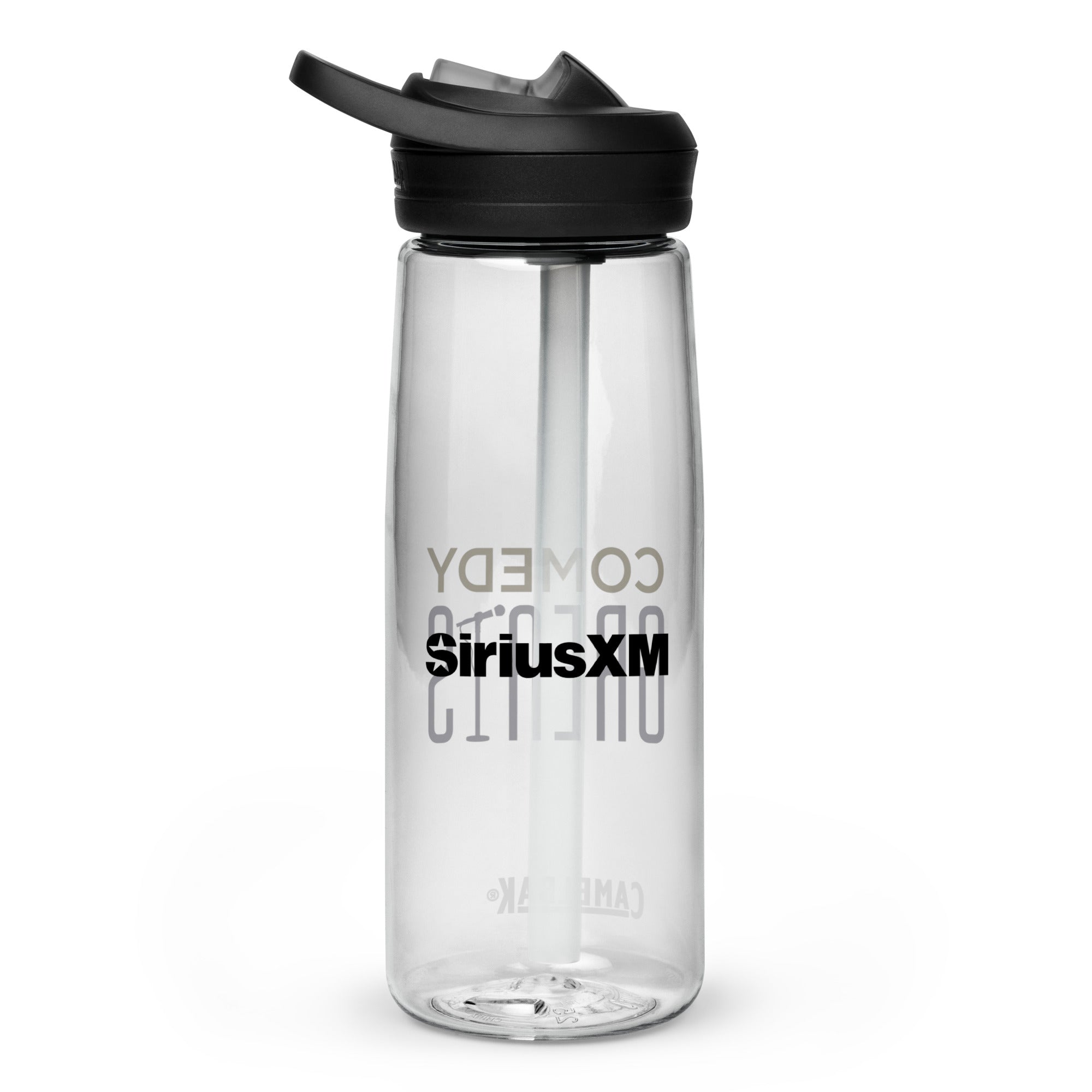 Backside of clear water bottle with a black lid, featuring the 'SiriusXM' logo