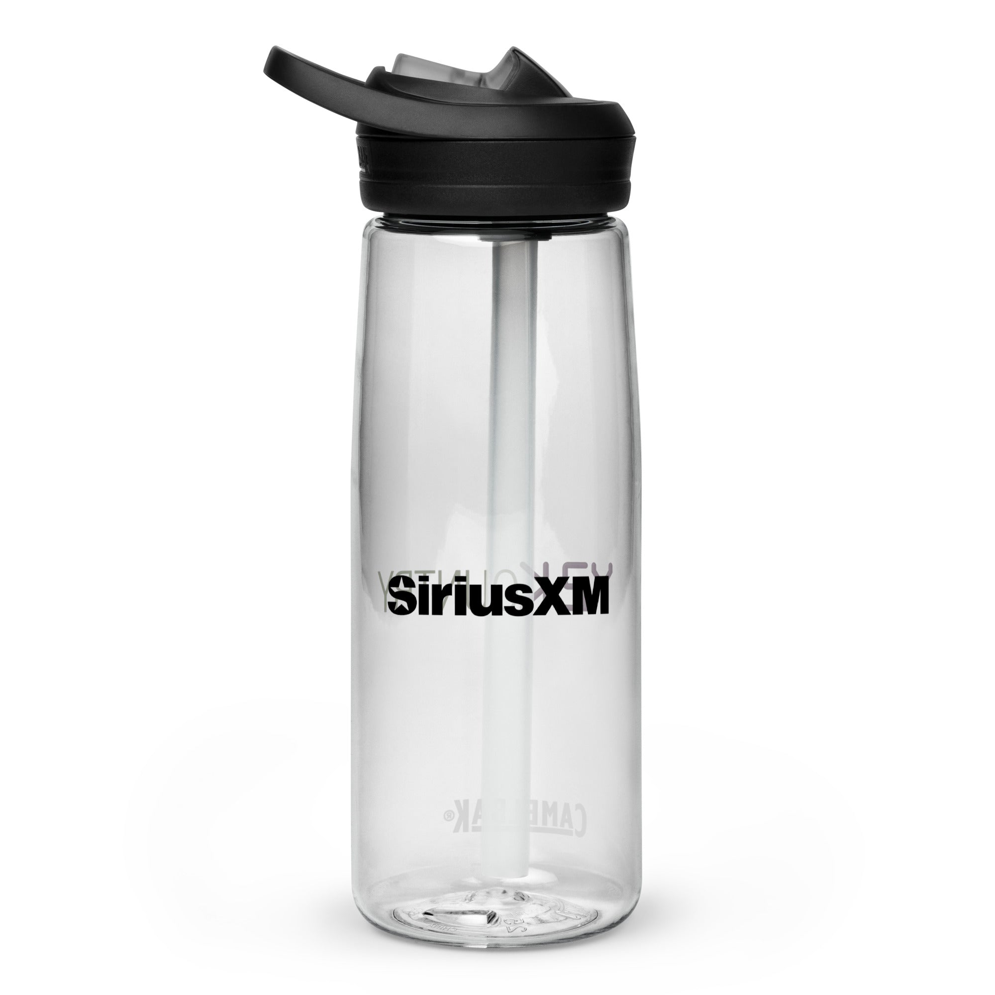 Back side of clear water bottle with 'SiriusXM' logo in black text.
