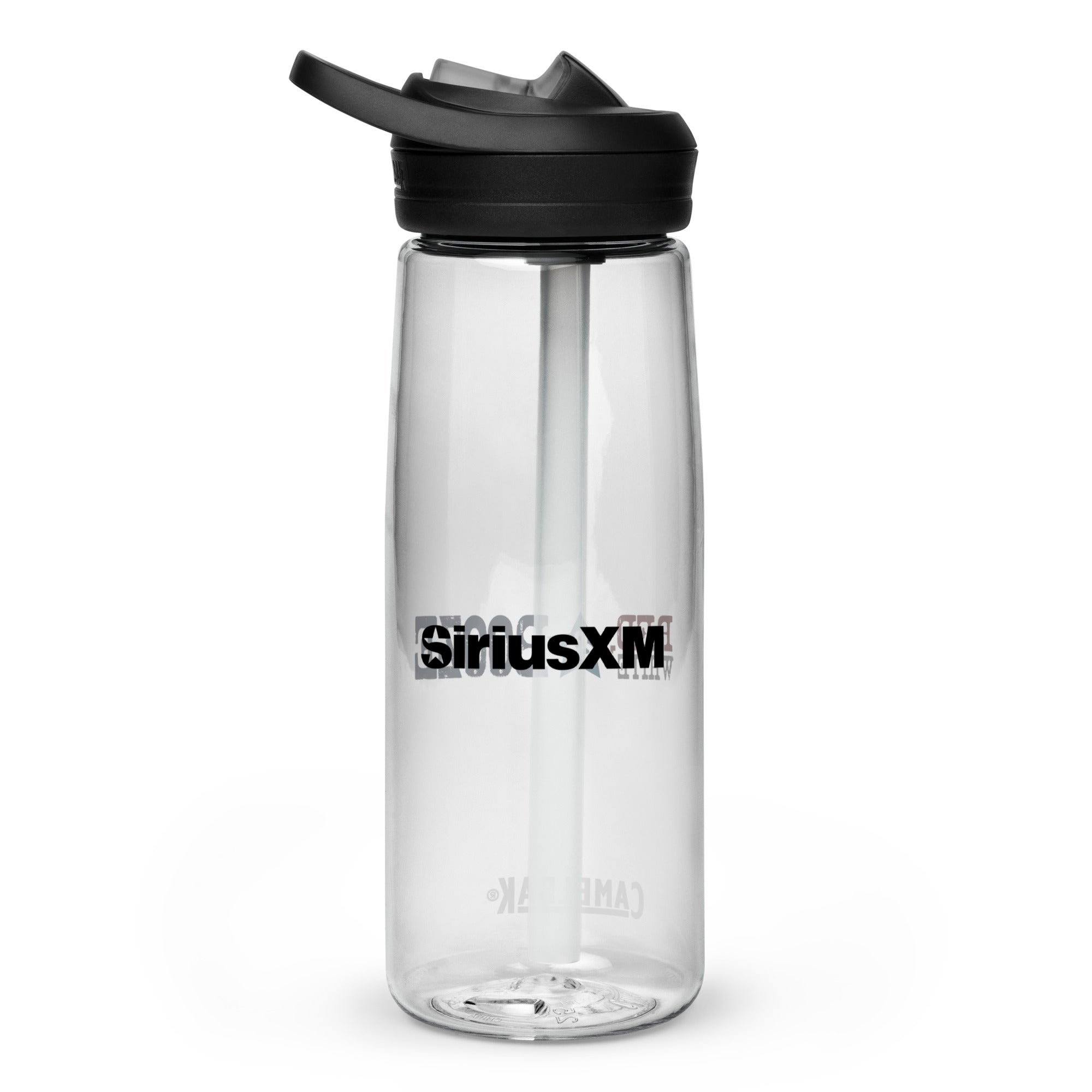 Back side of clear water bottle with 'SiriusXM' logo in black text.