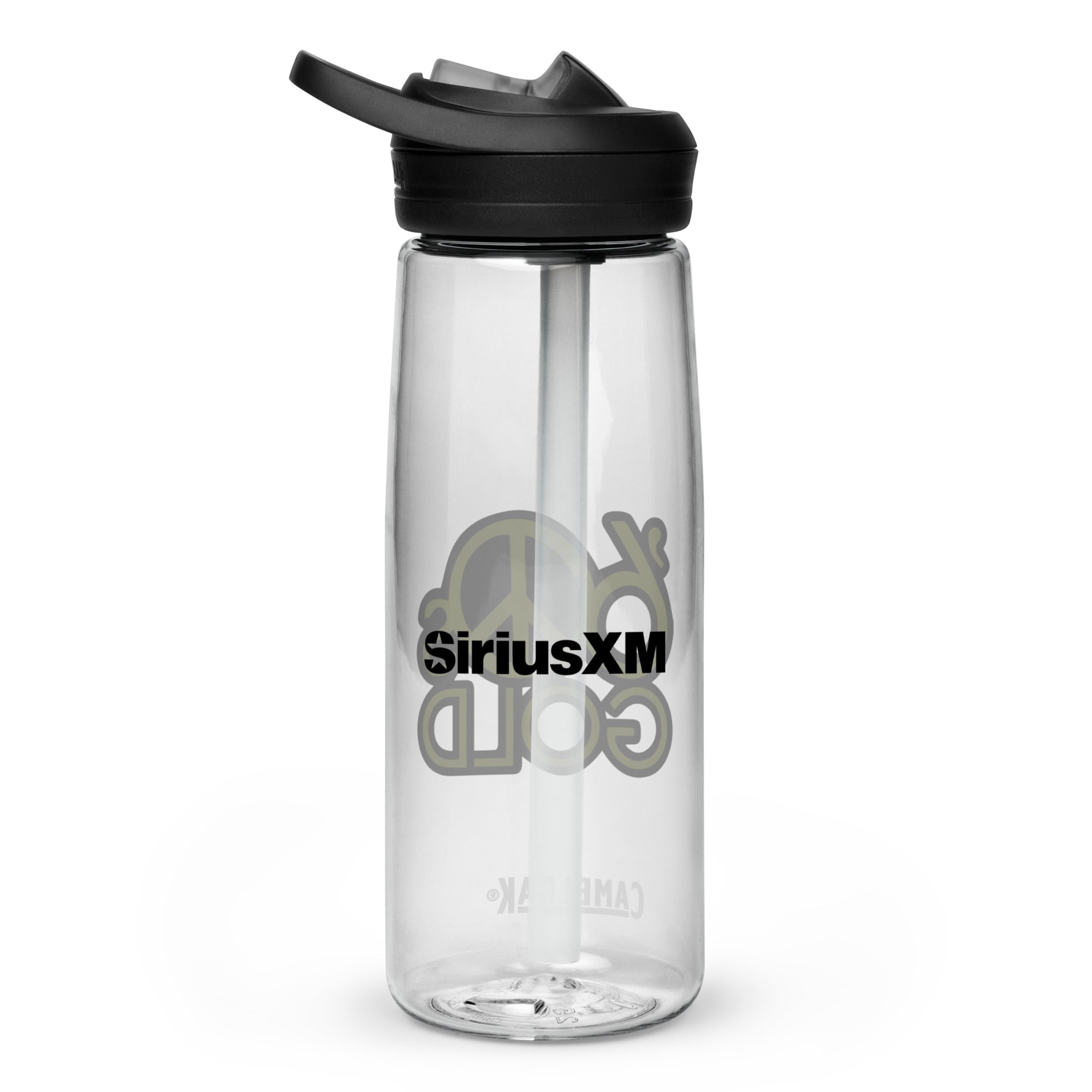 Back side of clear water bottle with 'SiriusXM' logo in black text.