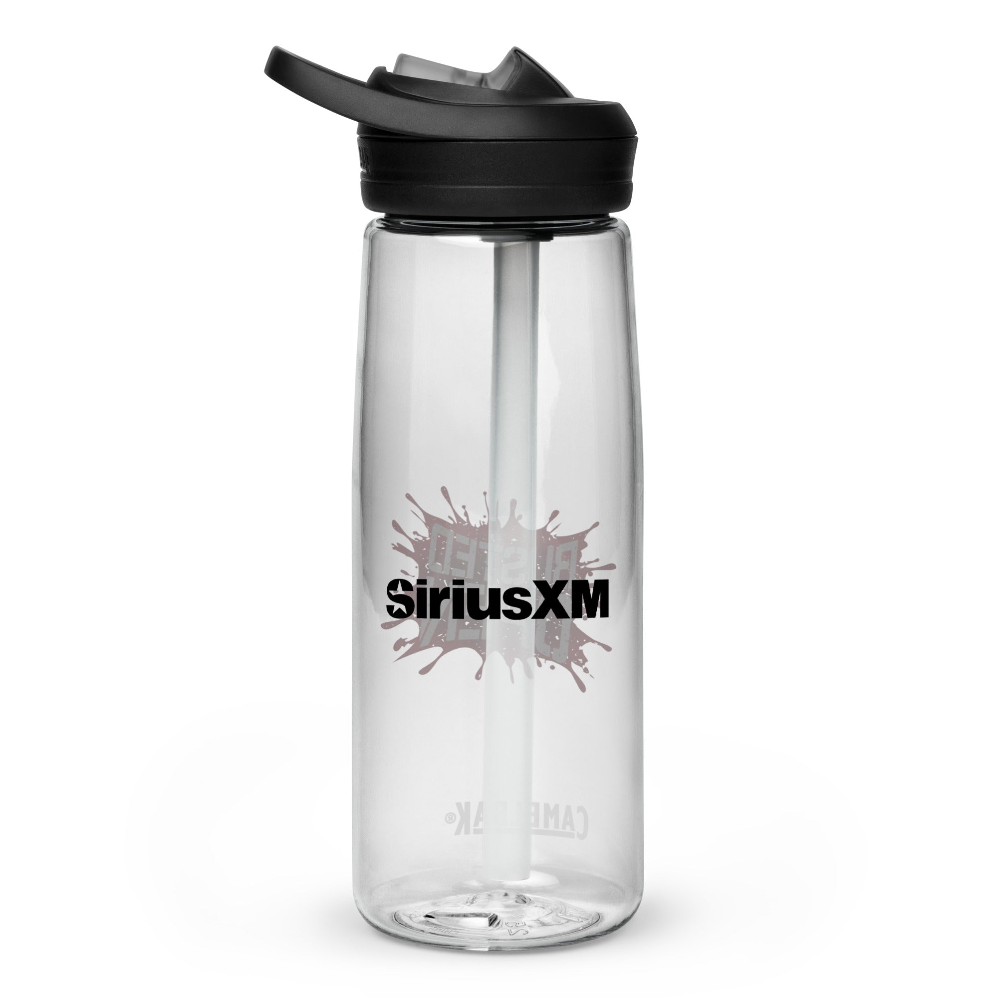 Back side of clear water bottle with 'SiriusXM' logo in black text.