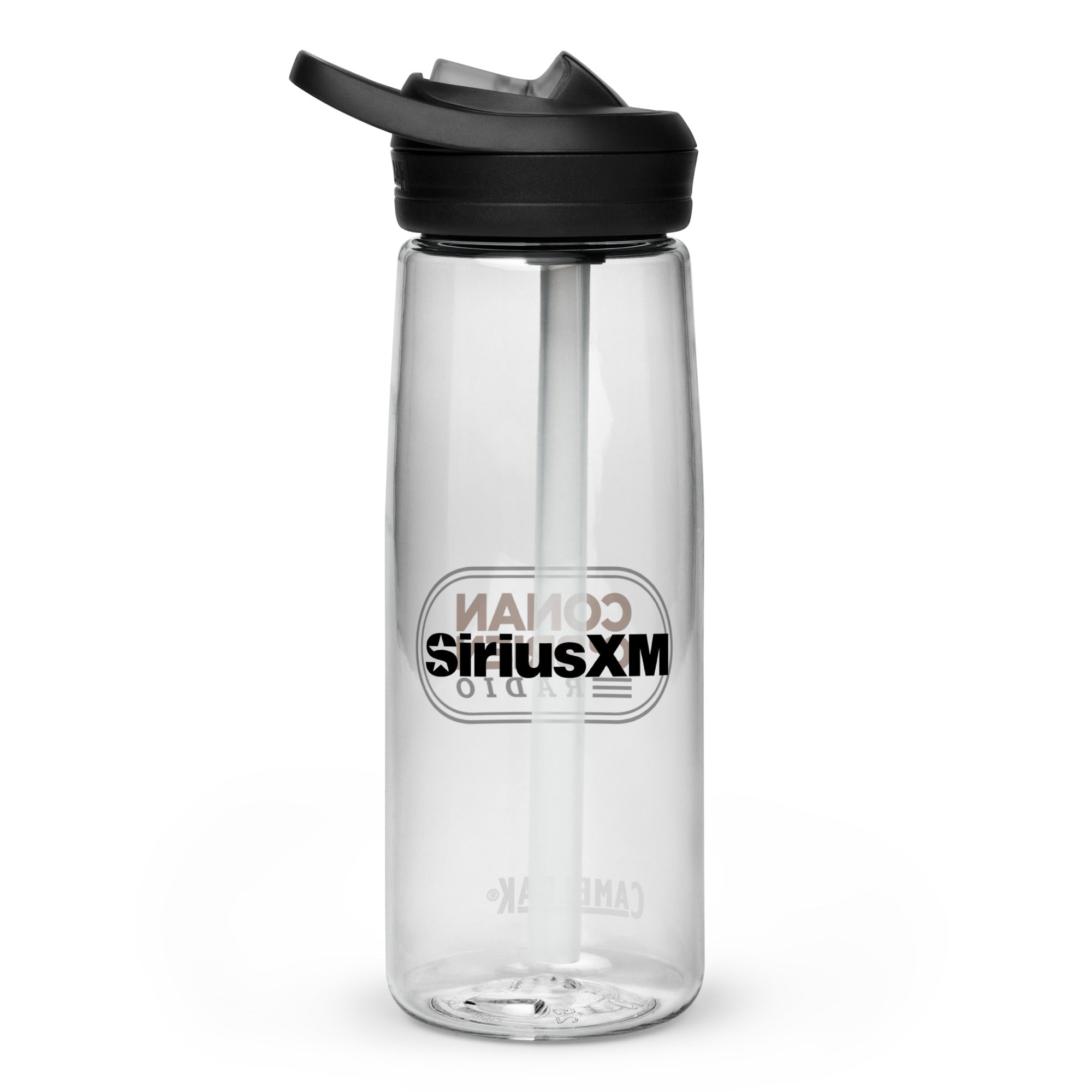 Back side of clear CamelBak water bottle with black lid and straw, featuring the 'SiriusXM' logo.