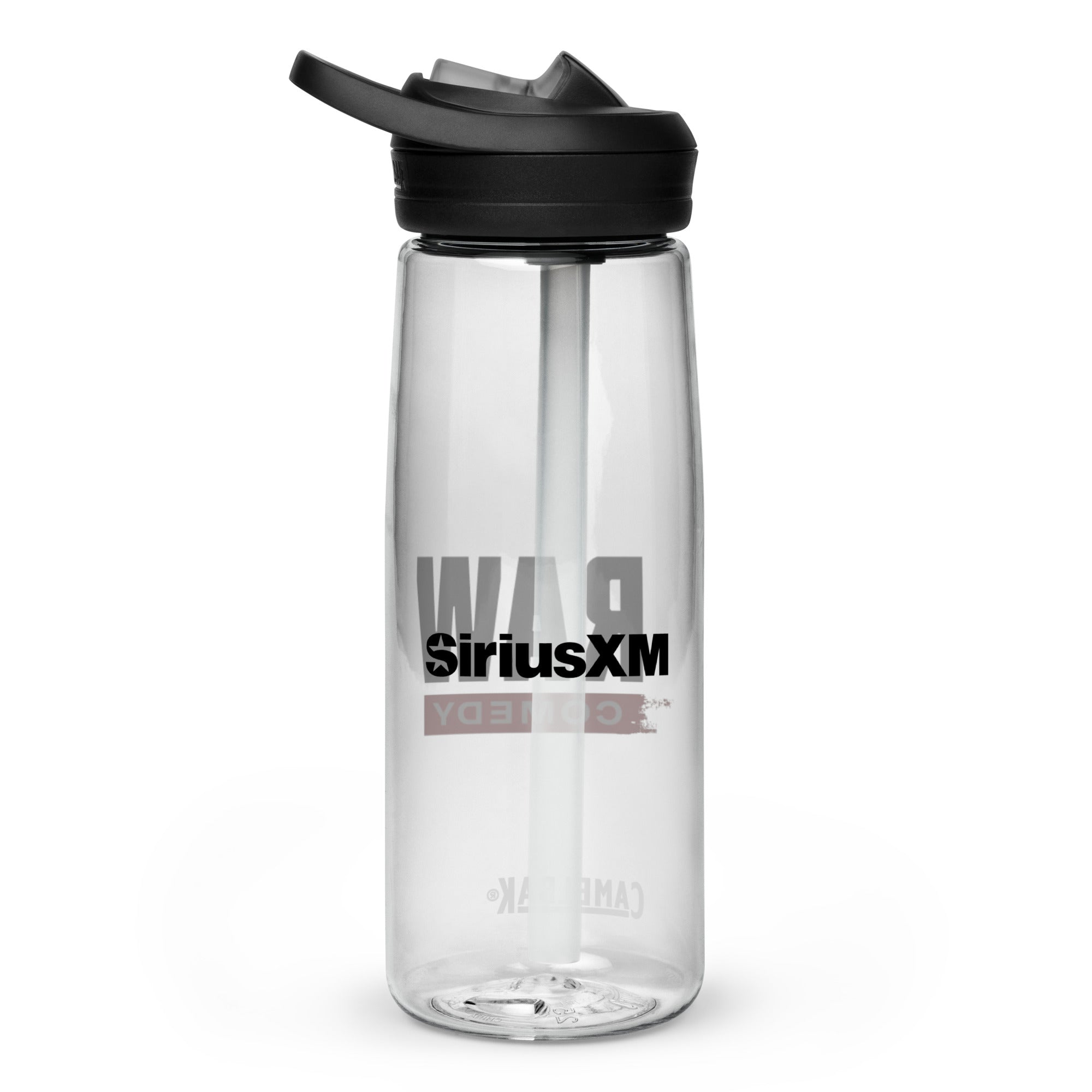 Back side of clear CamelBak water bottle with black lid and straw, featuring the 'SiriusXM' logo.