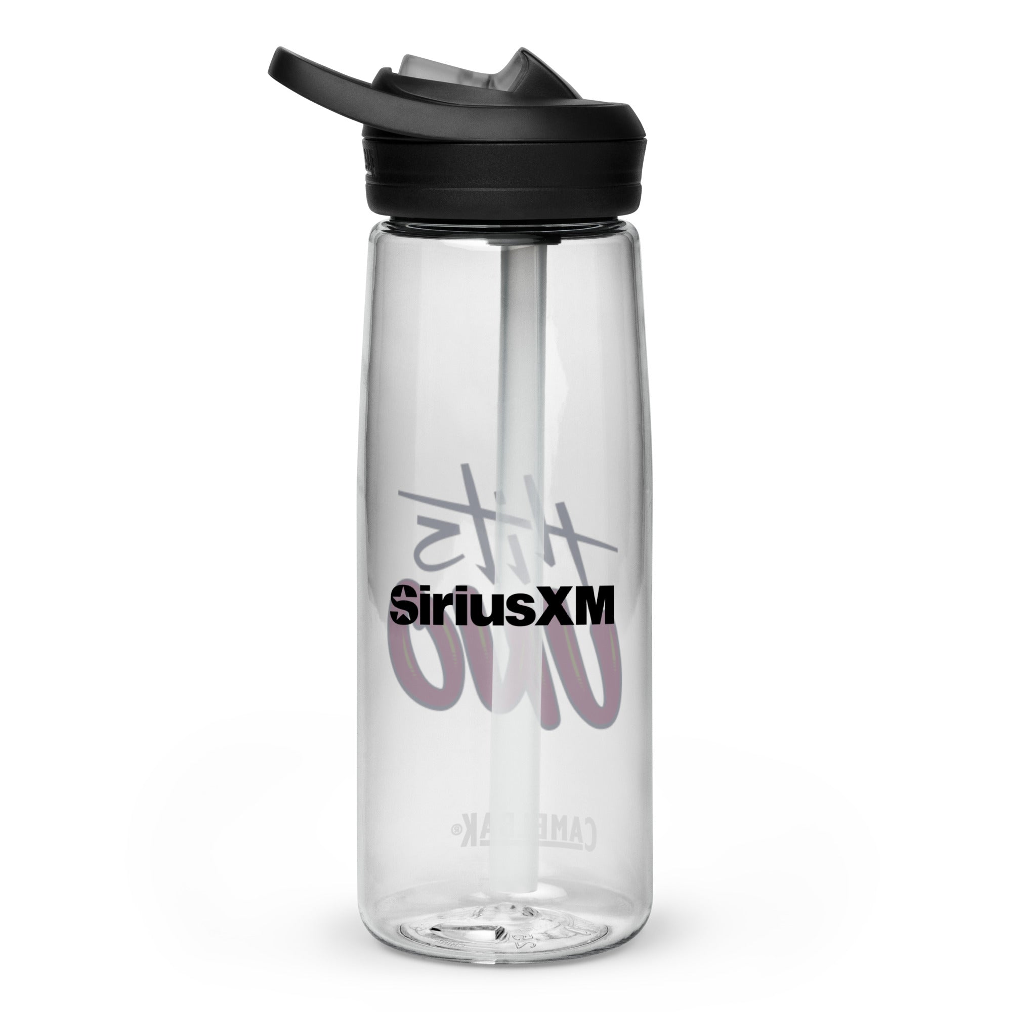 Back of clear water bottle with a black lid, featuring 'SiriusXM' logo in black.