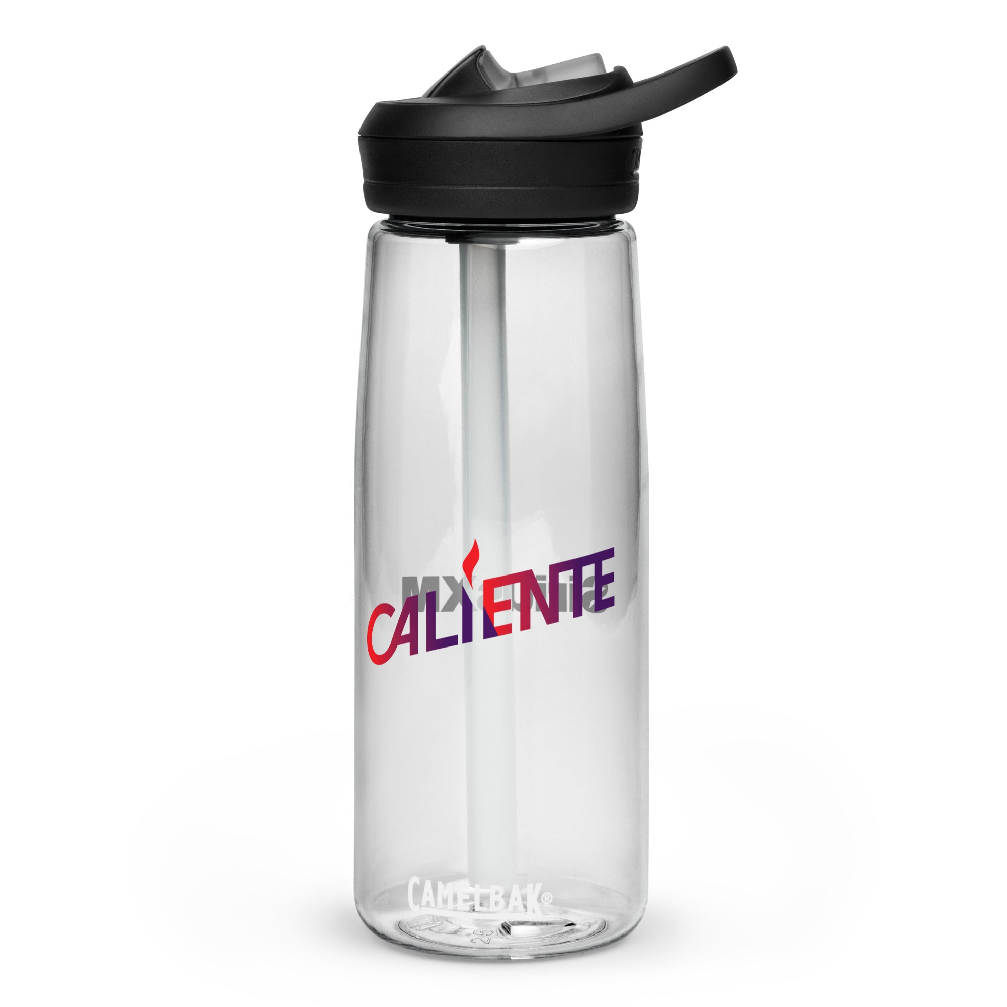Transparent water bottle with black lid and straw, featuring the word 'CALIENTE' in vibrant colors.