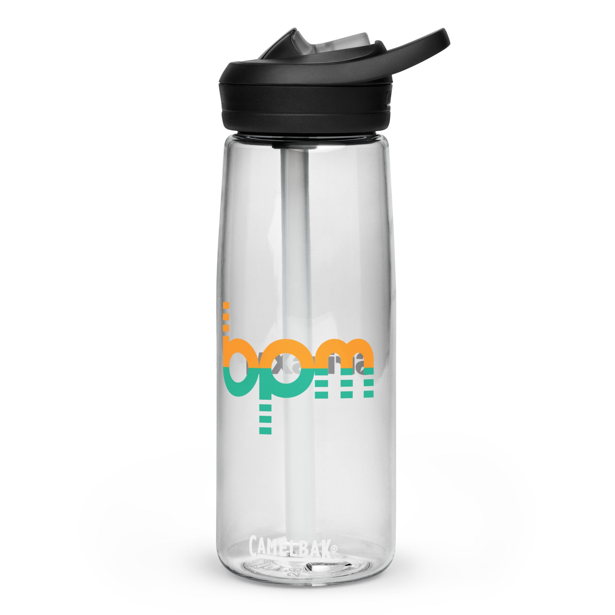Clear water bottle with a straw and black lid and a colorful 'bpm' logo design.