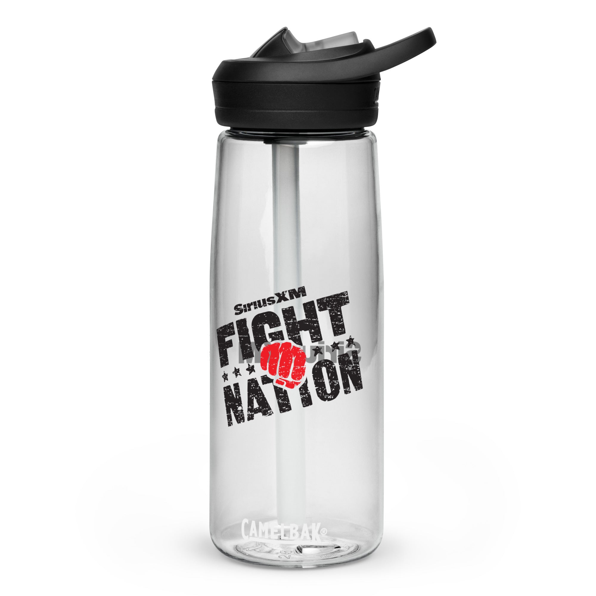 Clear water bottle featuring 'SiriusXM Fight Nation' logo and red fist design.