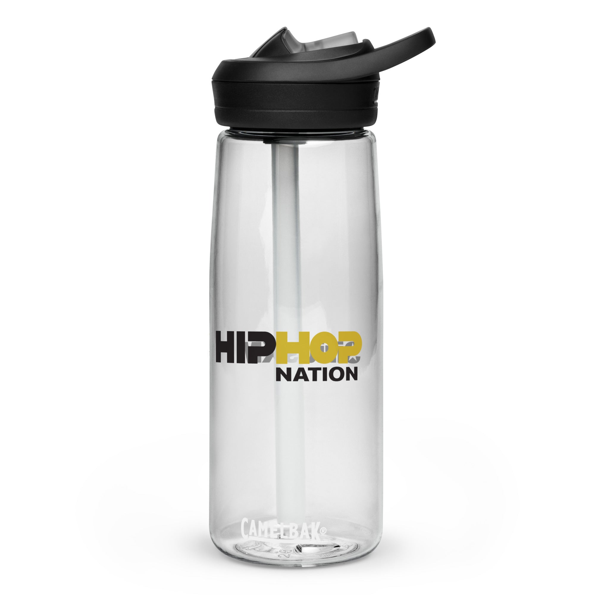 Clear water bottle with black lid and straw, featuring 'HIP HOP NATION' logo in black and gold.