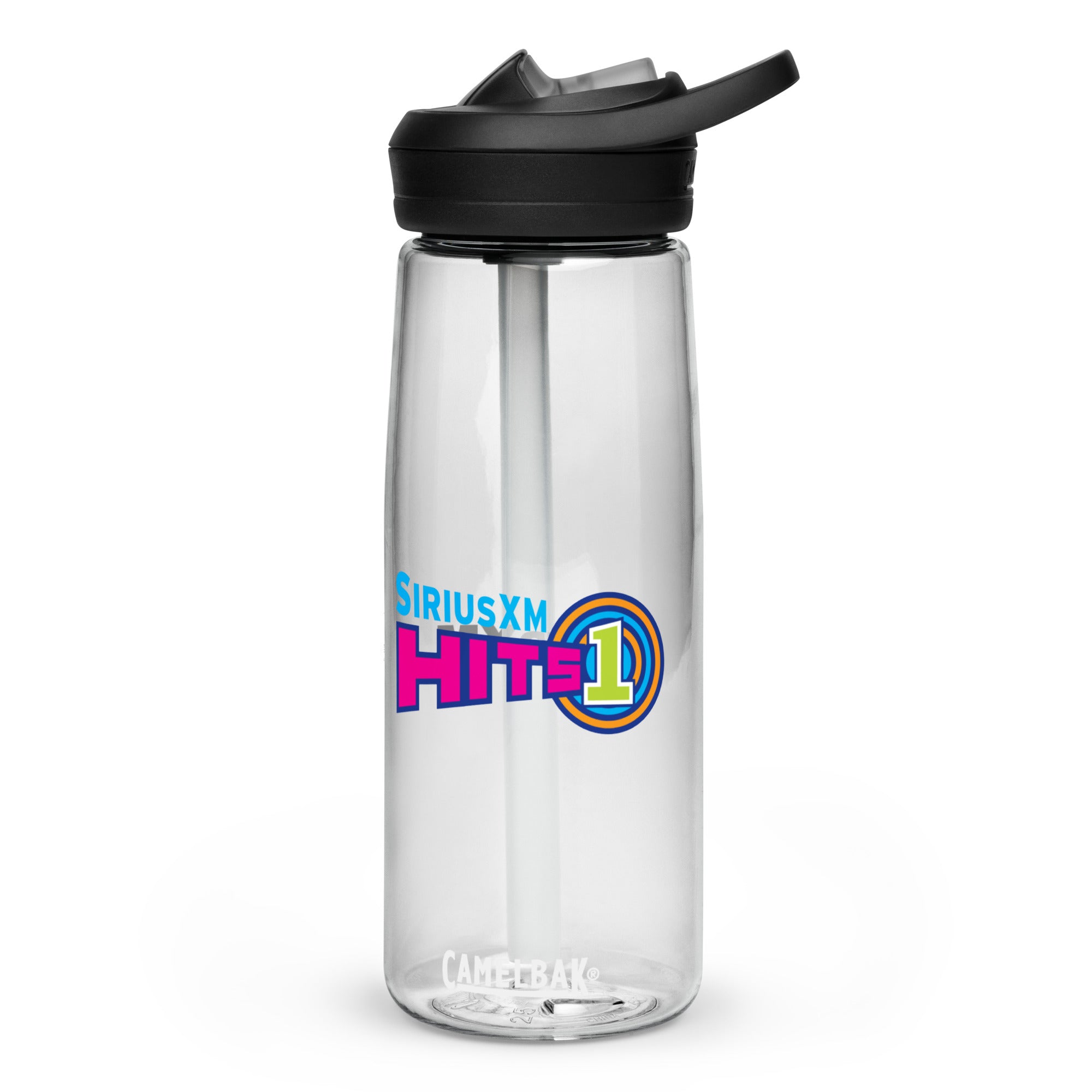 Clear water bottle with a black lid featuring 'SiriusXM HITS1' logo in blue and pink.