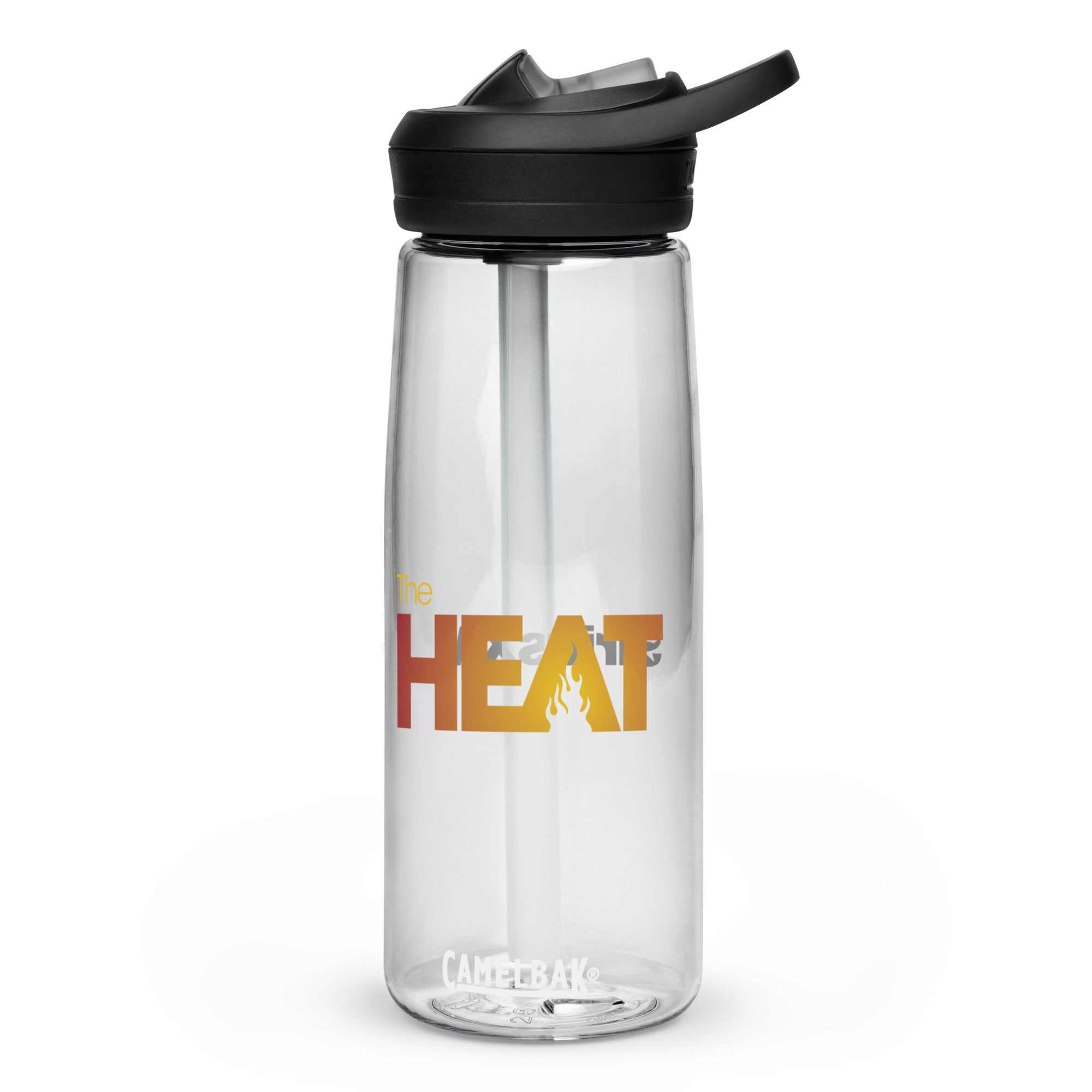 Clear water bottle with a straw and black cap, featuring the text 'The HEAT' in vibrant colors and a flame icon.