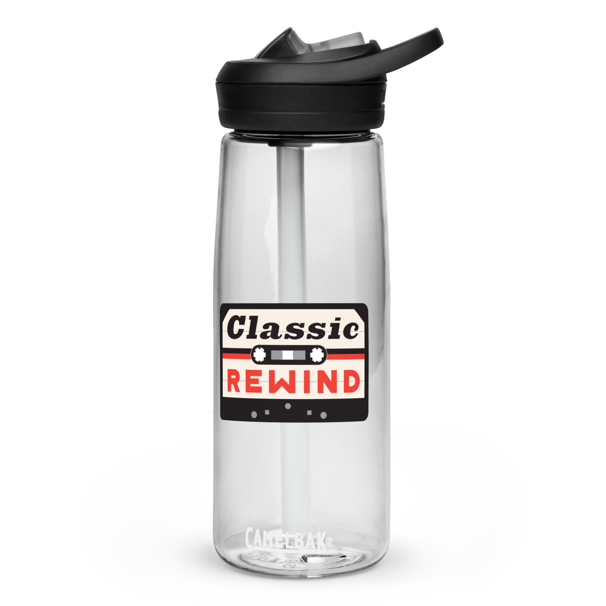 Clear water bottle with straw and black lid featuring a 'Classic Rewind' cassette tape design.