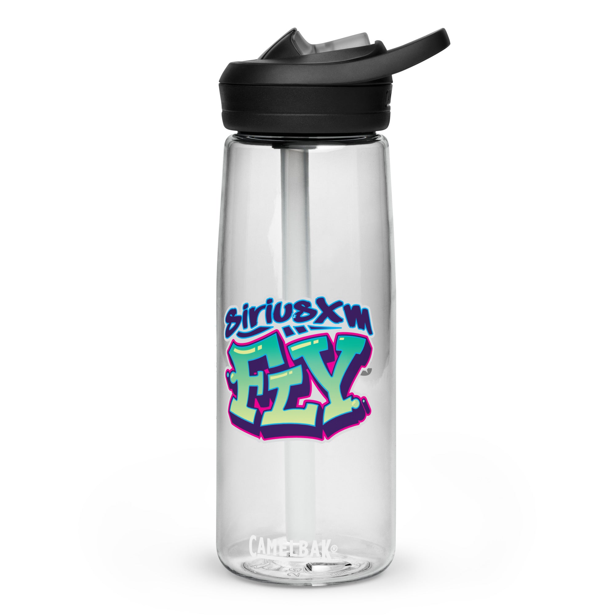Clear water bottle with a straw and black lid, featuring 'SiriusXM FLY' in colorful graffiti-style font.