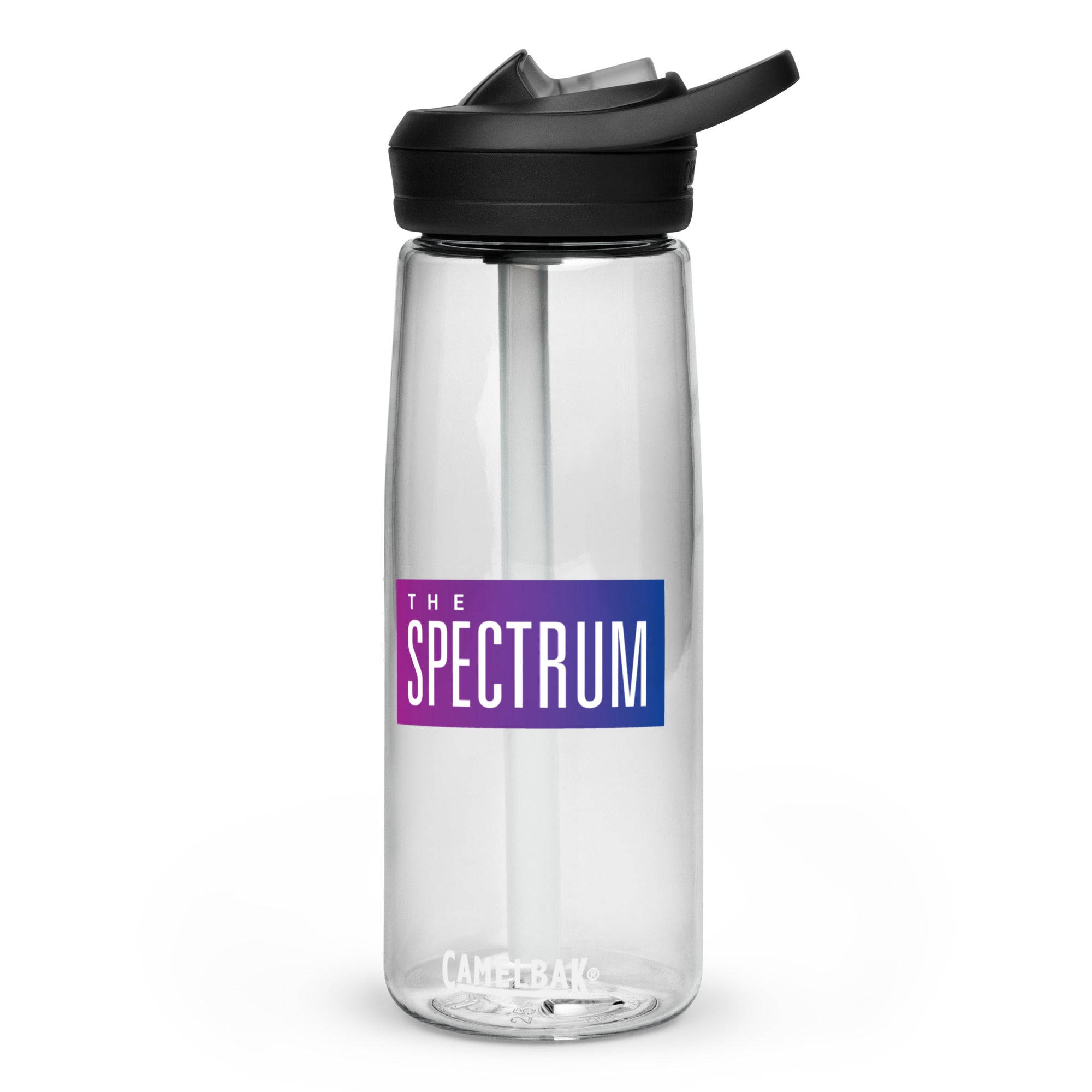 Clear water bottle with a black cap featuring the text 'THE SPECTRUM' in a gradient blue and purple design.