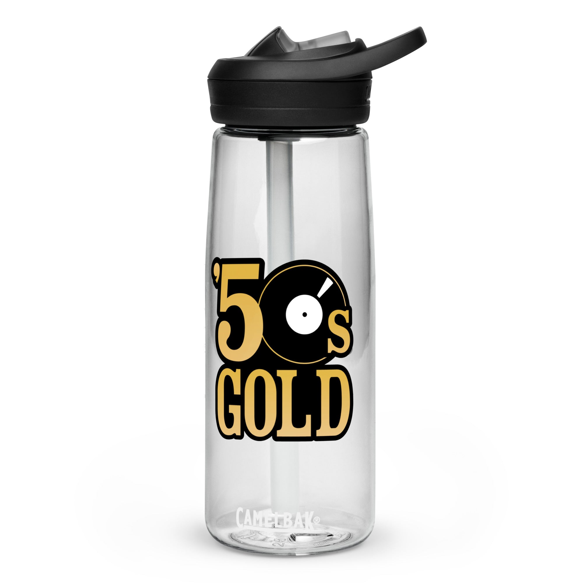 Clear water bottle with straw and black lid featuring '50s GOLD' design with a vinyl record motif.